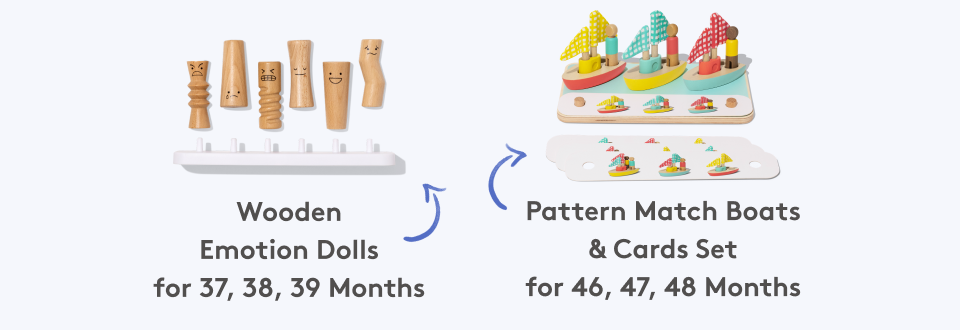 Wooden Emotion Dolls for 37, 38, 39 months, Pattern Match Boats & Cards Set for 46, 47, 48 months