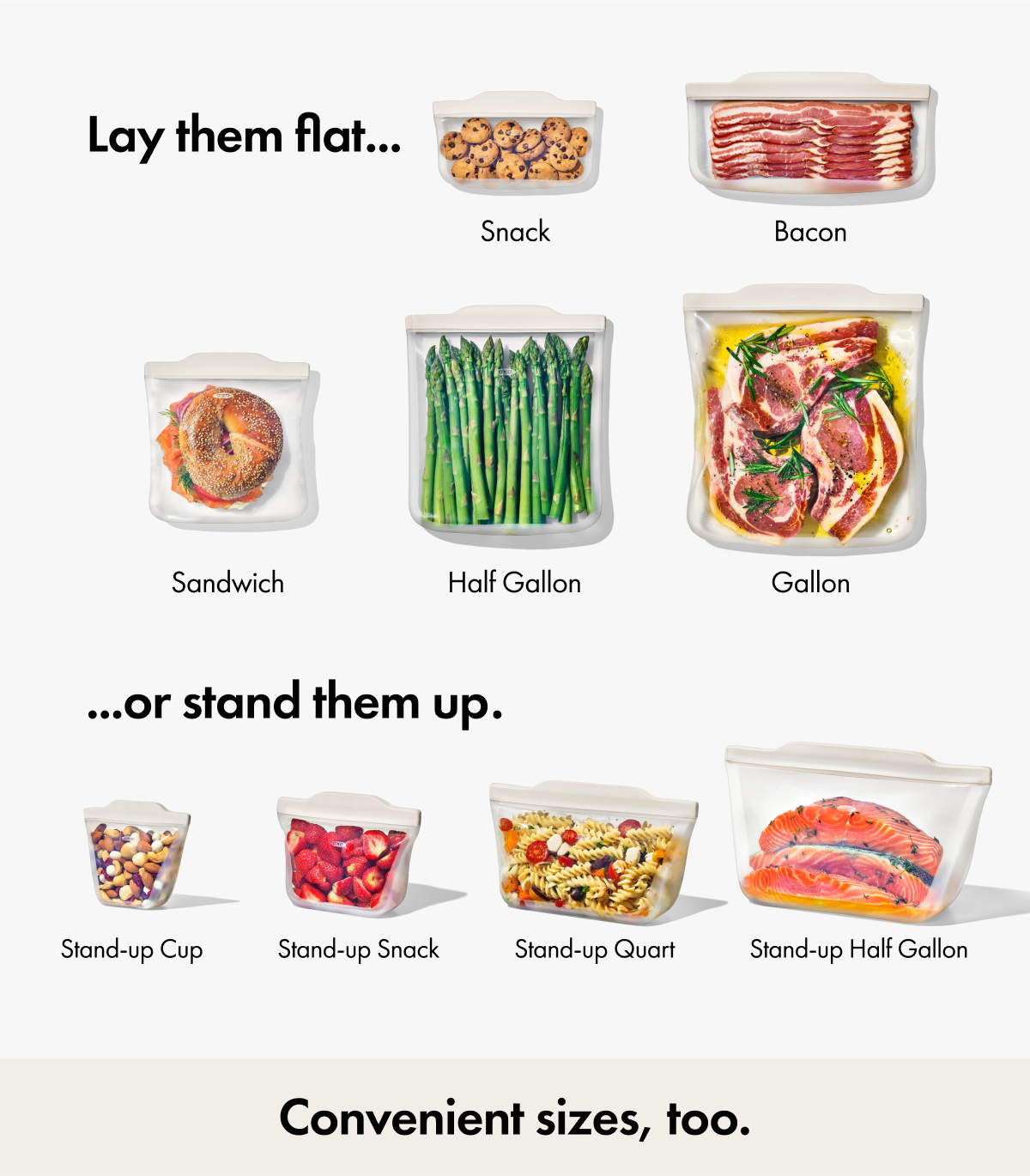 Lay them flat or stand them up. Convenient sizes, too.