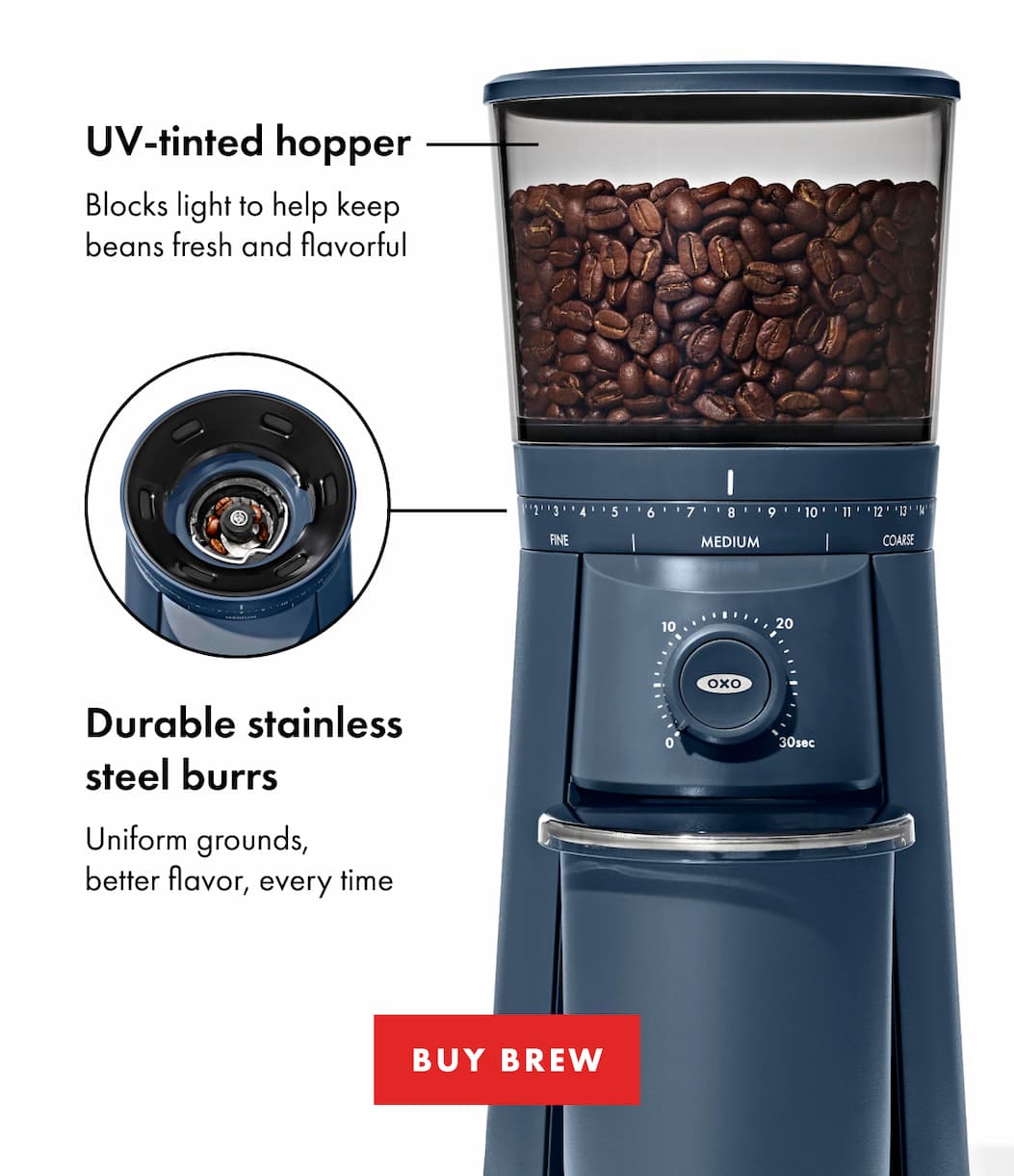 UV-tinted hopper. Durable stainless steel burrs. | BUY BREW