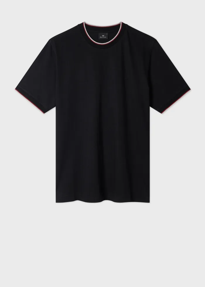 Image of Black T-Shirt With Stripe Collar Trim