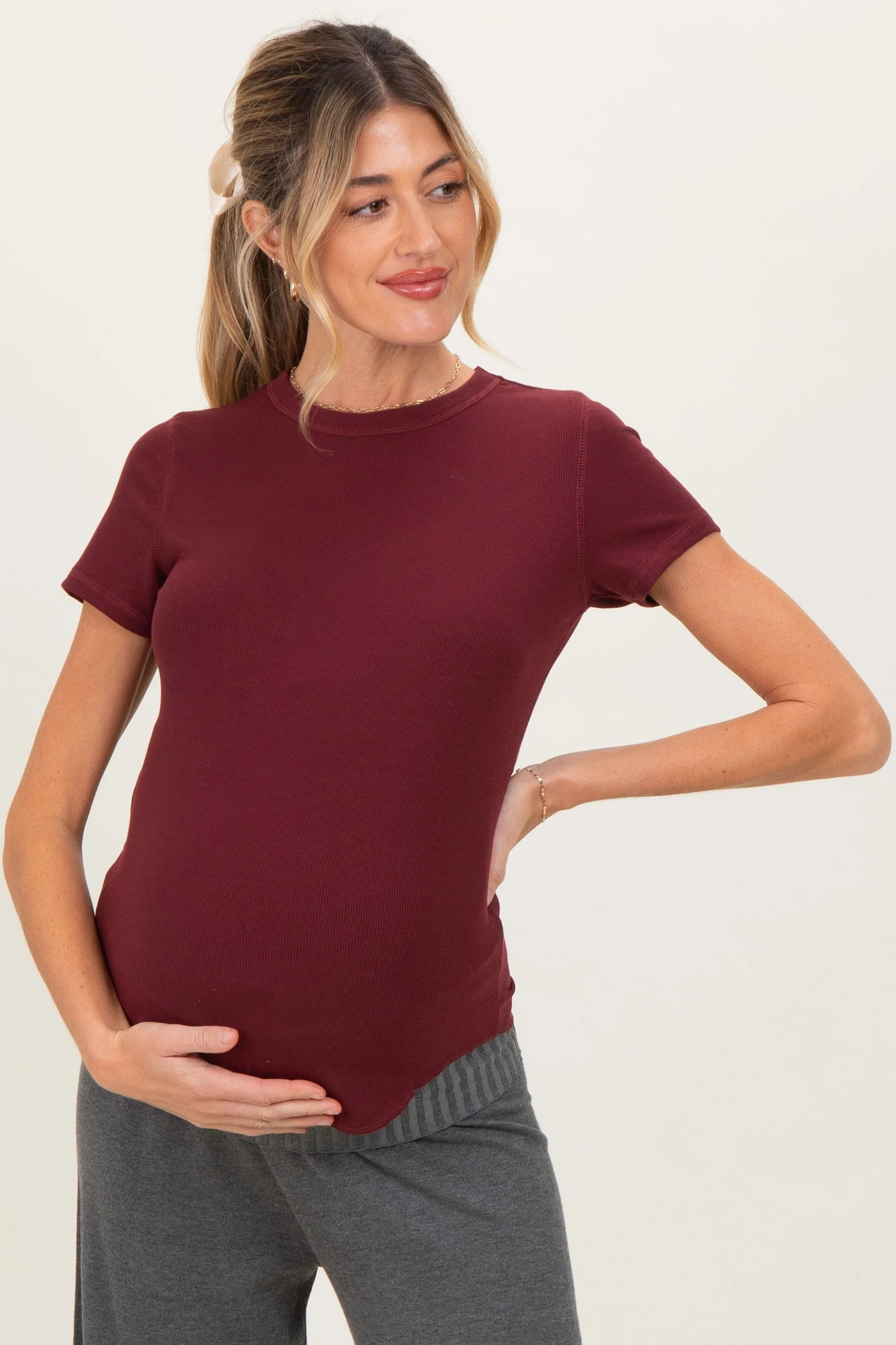 Image of Burgundy Ribbed Short Sleeve Curved Hem Maternity Top