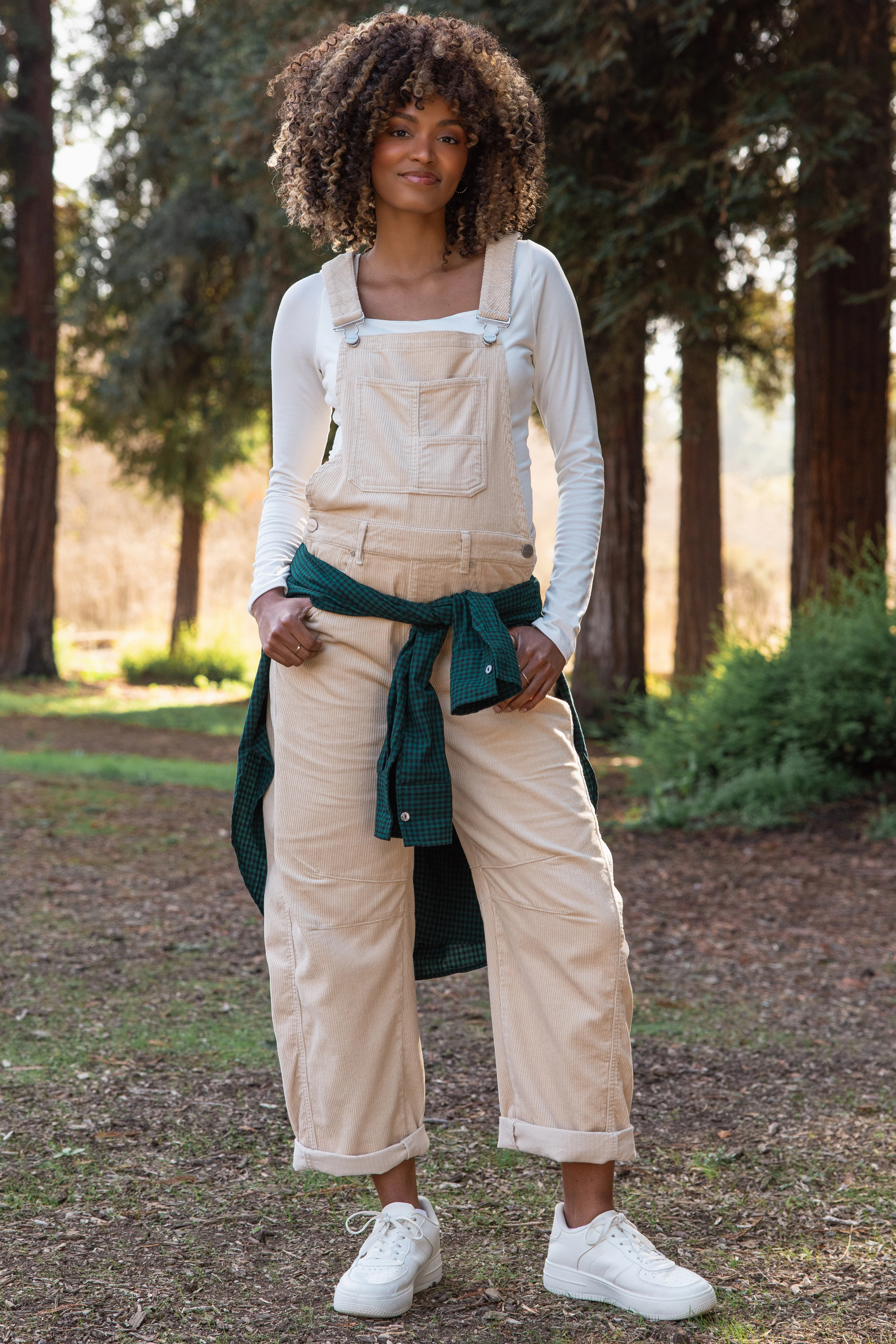 Image of Cream Corduroy Rolled Cuff Barrel Leg Maternity Overalls