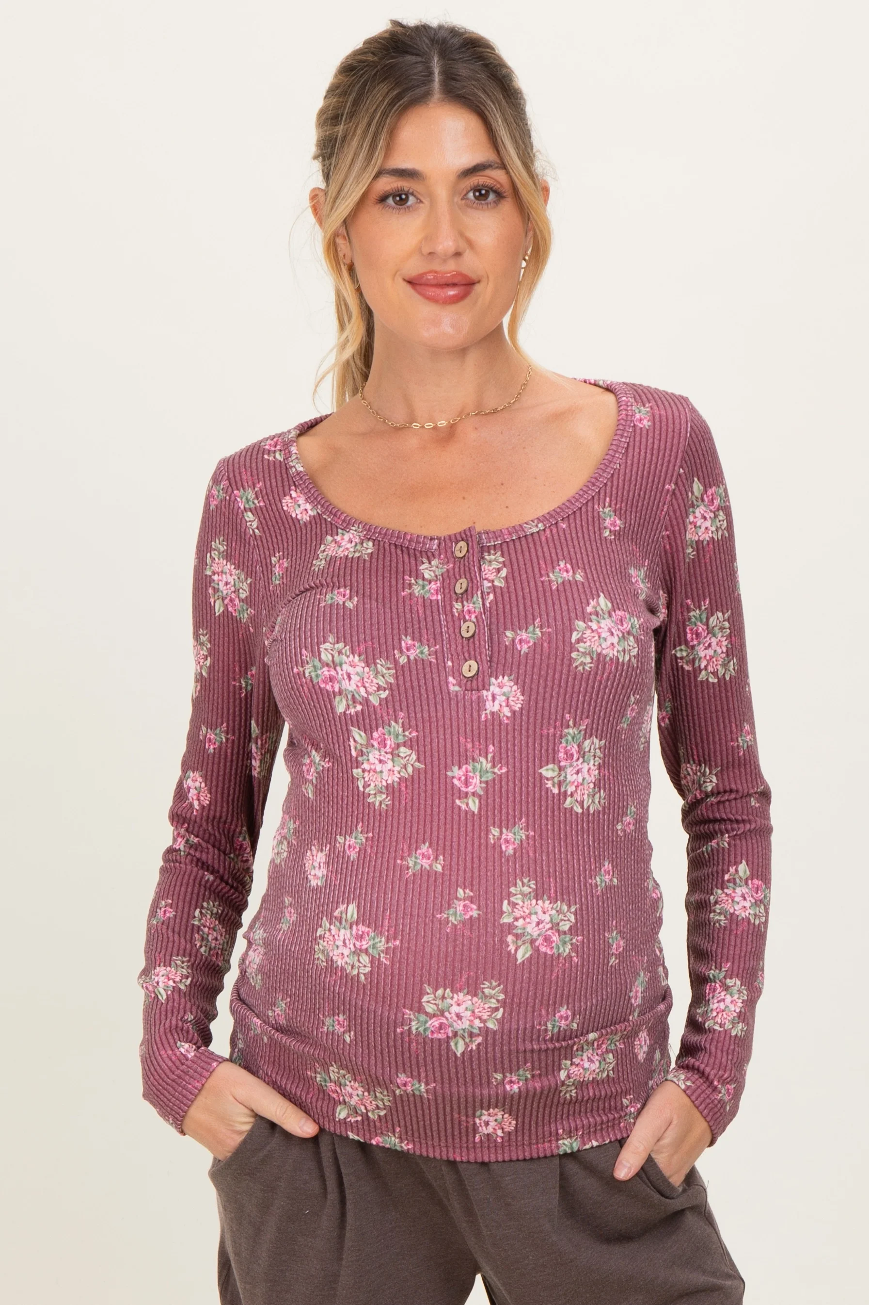 Image of Burgundy Floral Ribbed Long Sleeve Button Down Maternity Tunic Top
