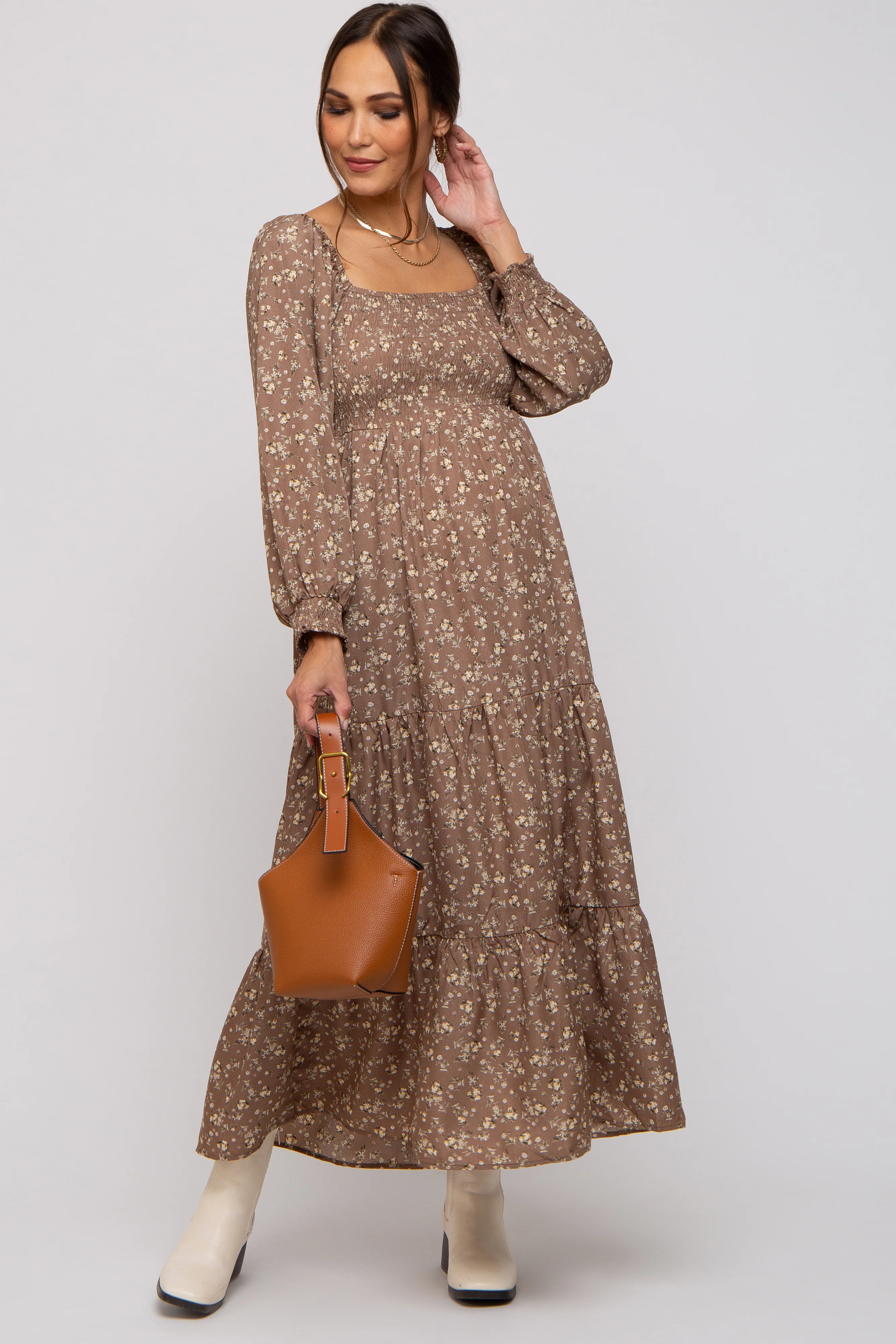 Image of Mocha Floral Smocked Long Sleeve Maternity Maxi Dress