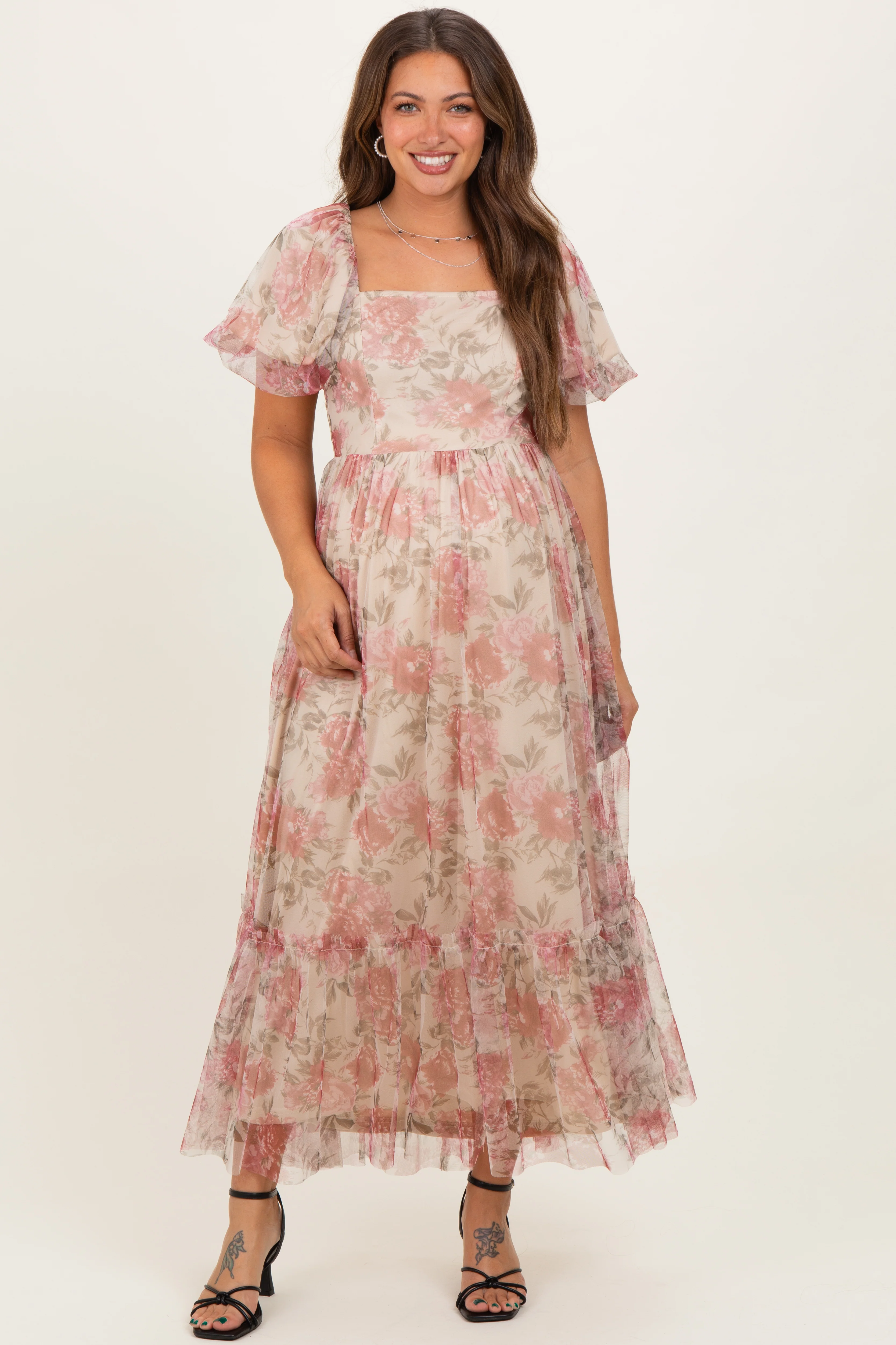 Image of Mauve Floral Printed Tulle Puff Sleeve Maternity Midi Dress