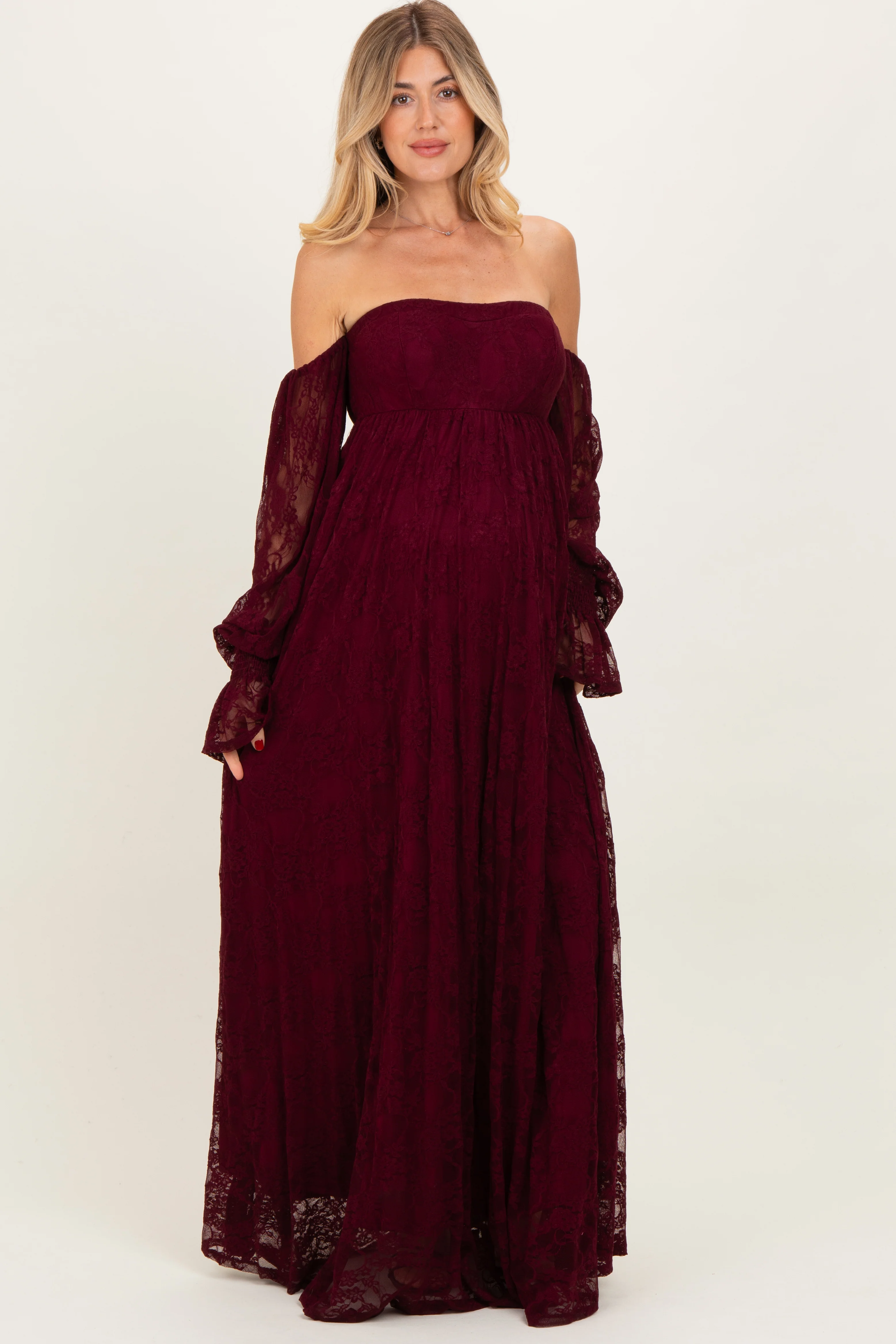 Image of Burgundy Lace Smocked Long Sleeve Off Shoulder Maternity Maxi Dress