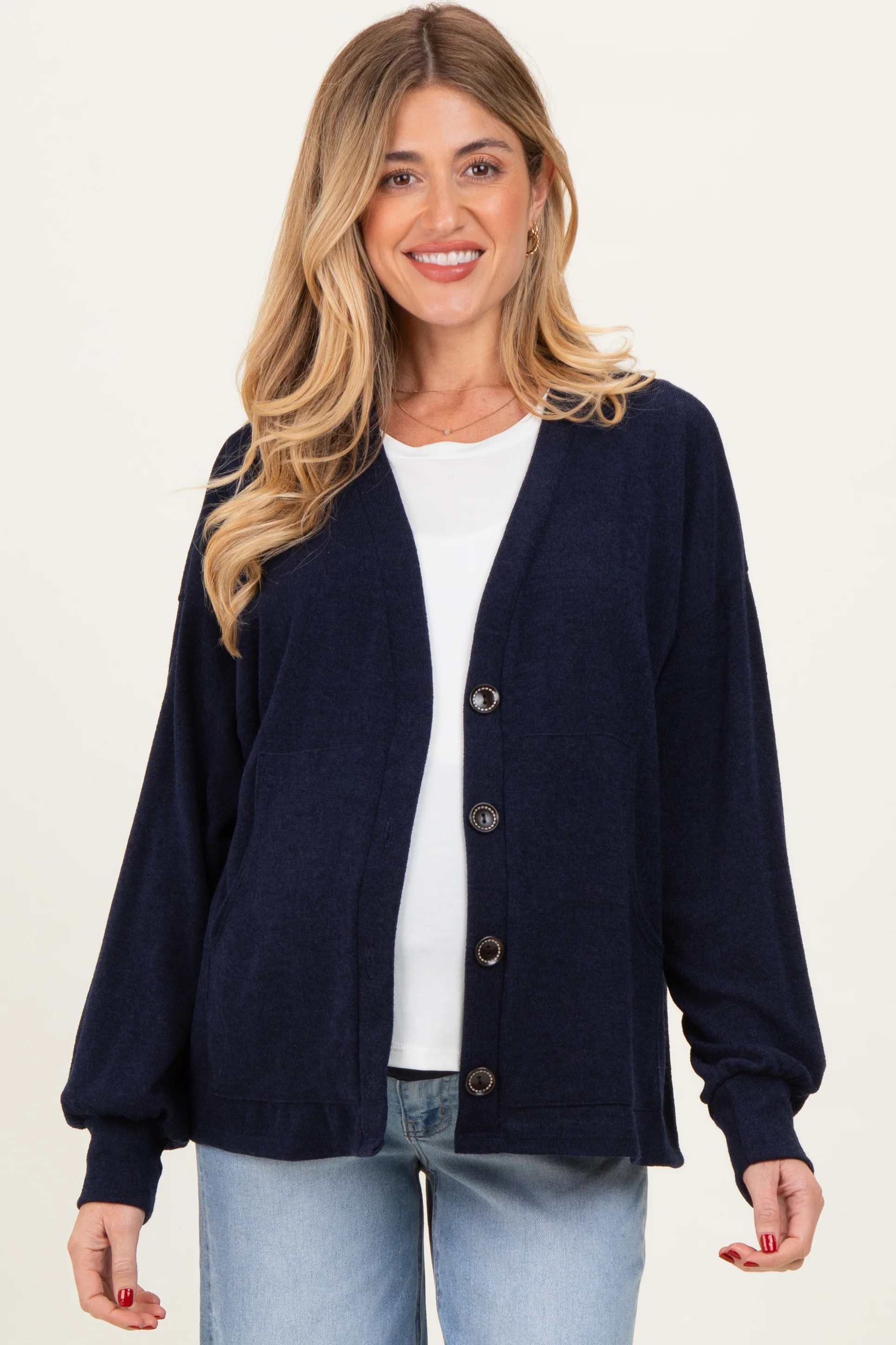 Image of Navy Knit Button Front Maternity Cardigan