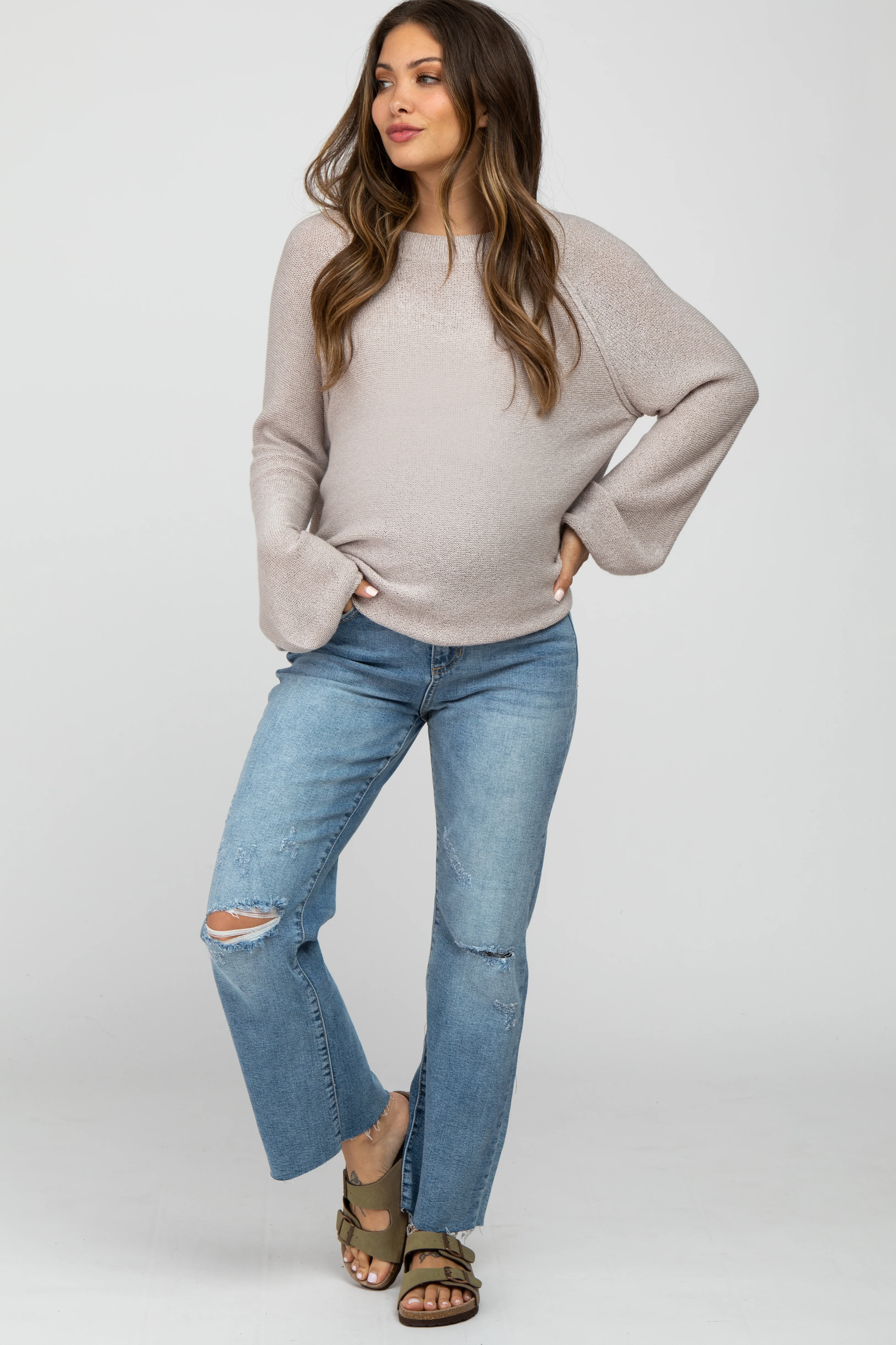 Image of Blue Straight Leg Frayed Hem Maternity Jeans