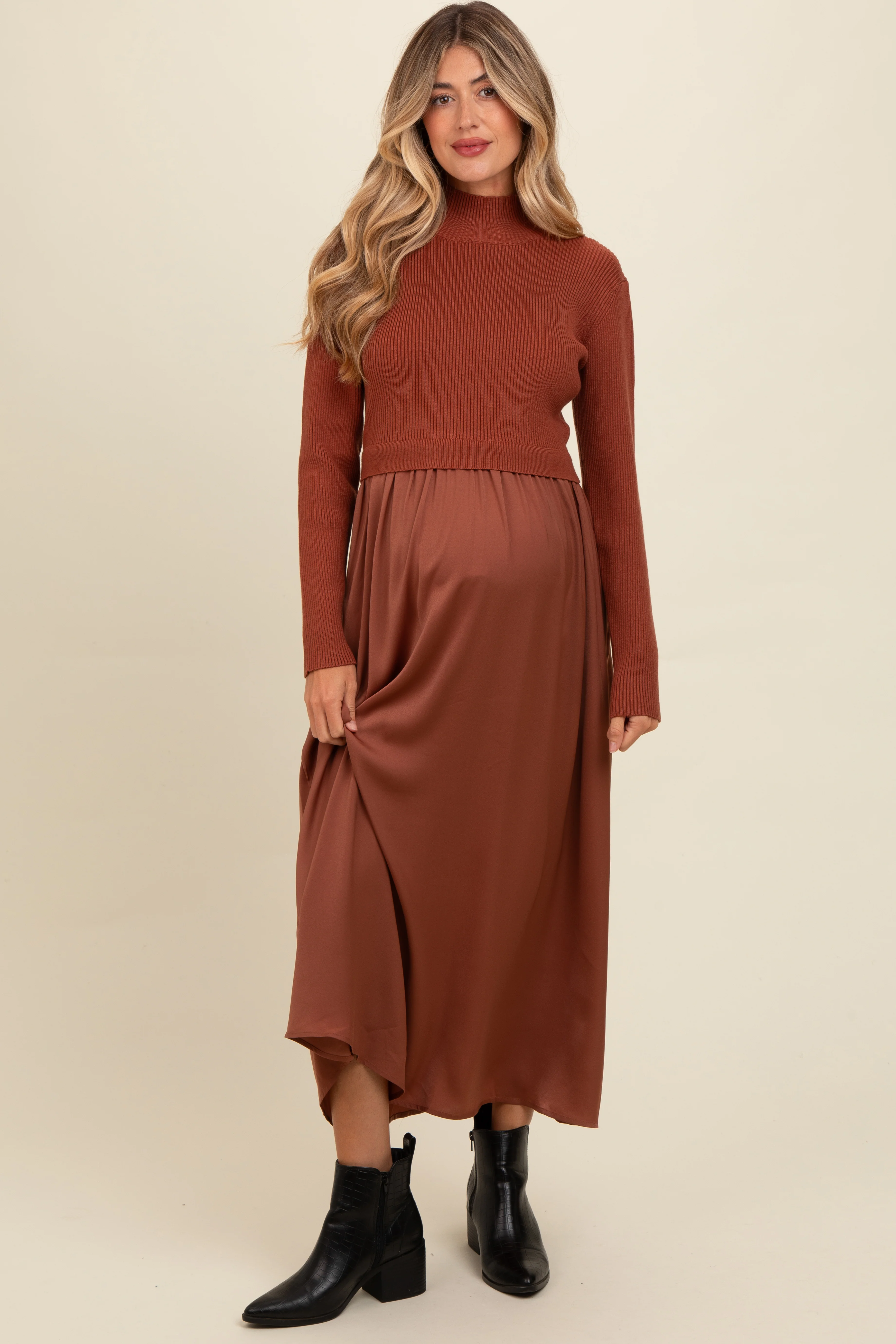 Image of Brown Knit Contrast Top Satin Maternity Midi Dress