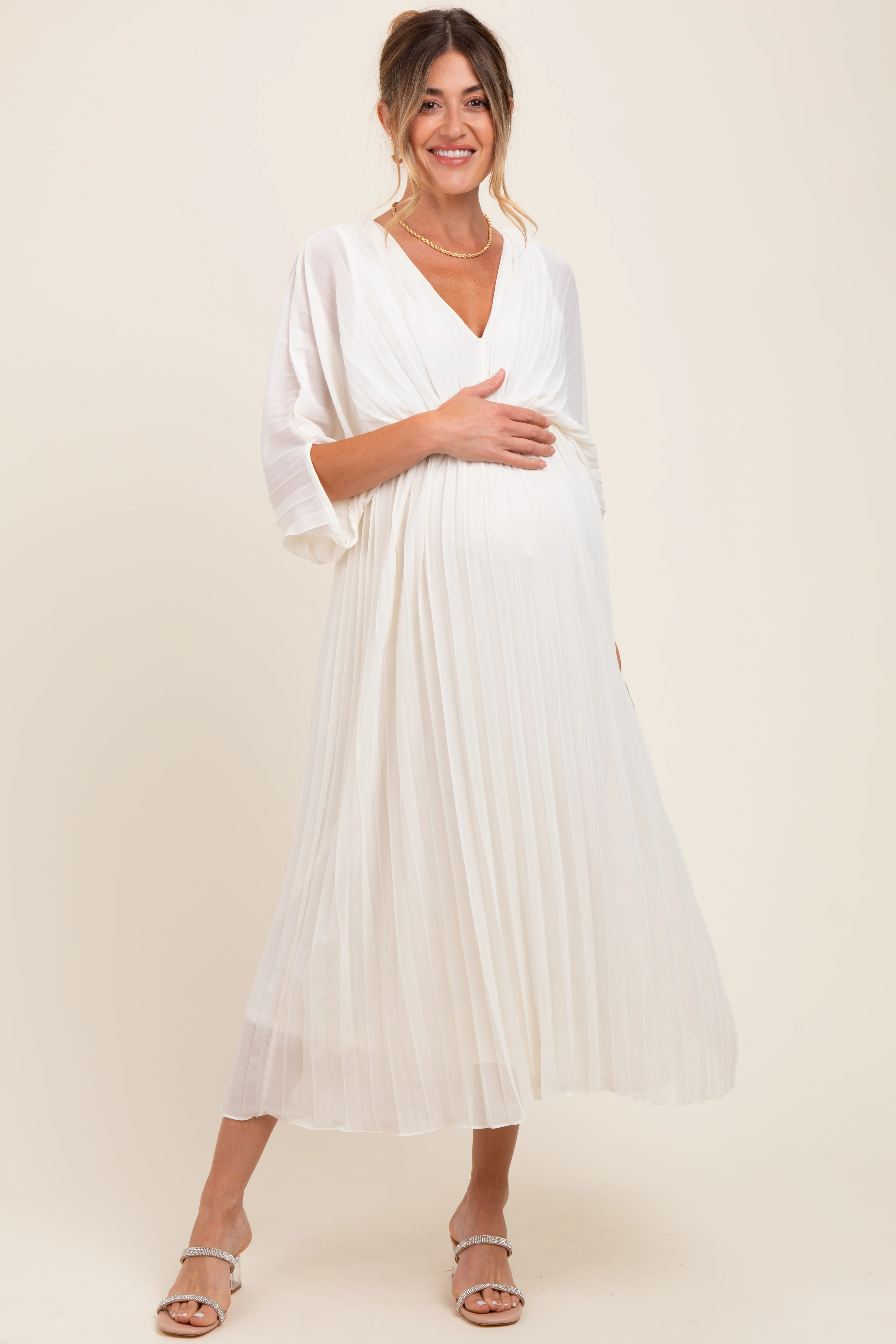 Image of Cream Pleated V Neck Maternity Maxi Dress