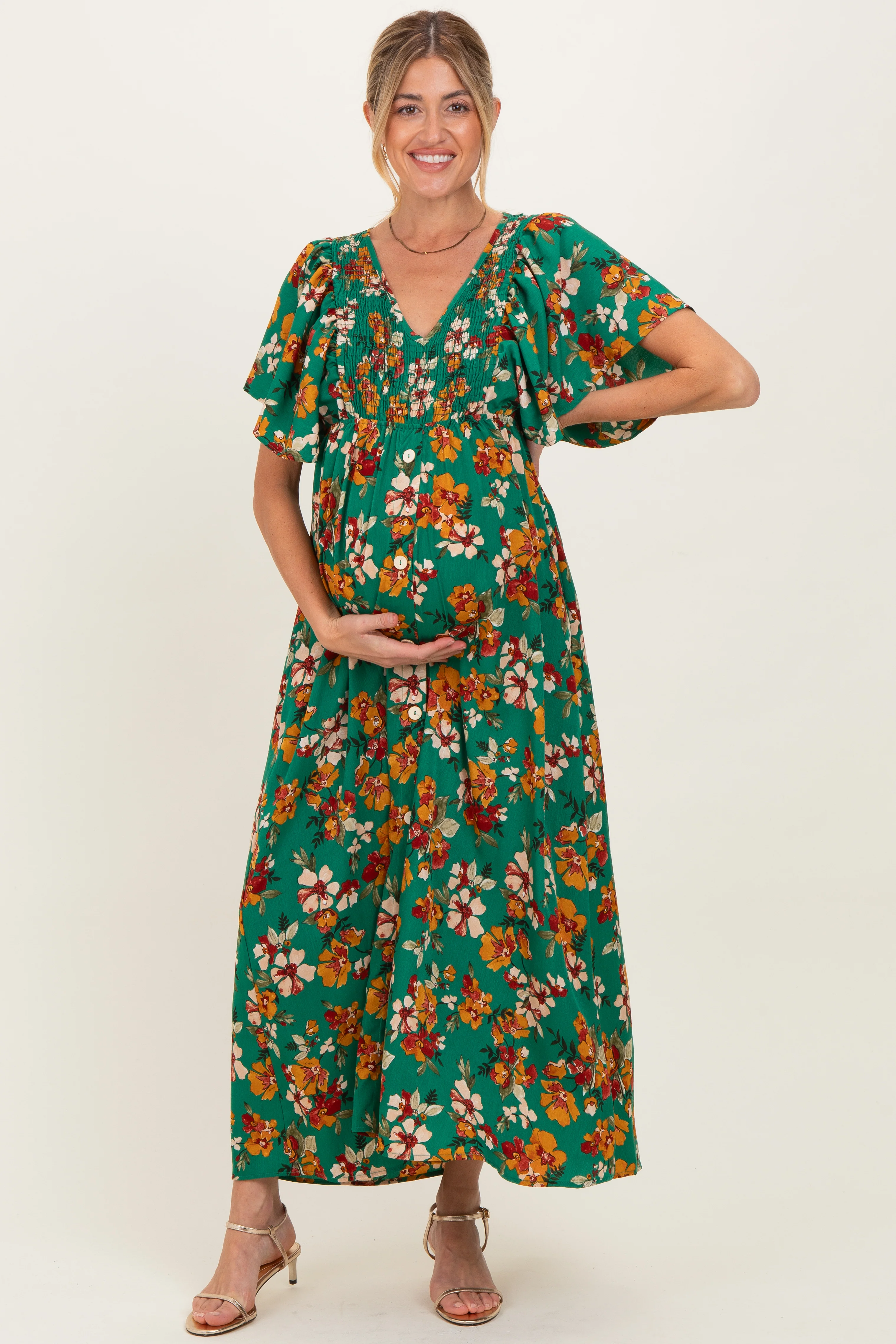 Image of Hunter Green Fall Floral Short Sleeve V-Neck Maternity Maxi Dress