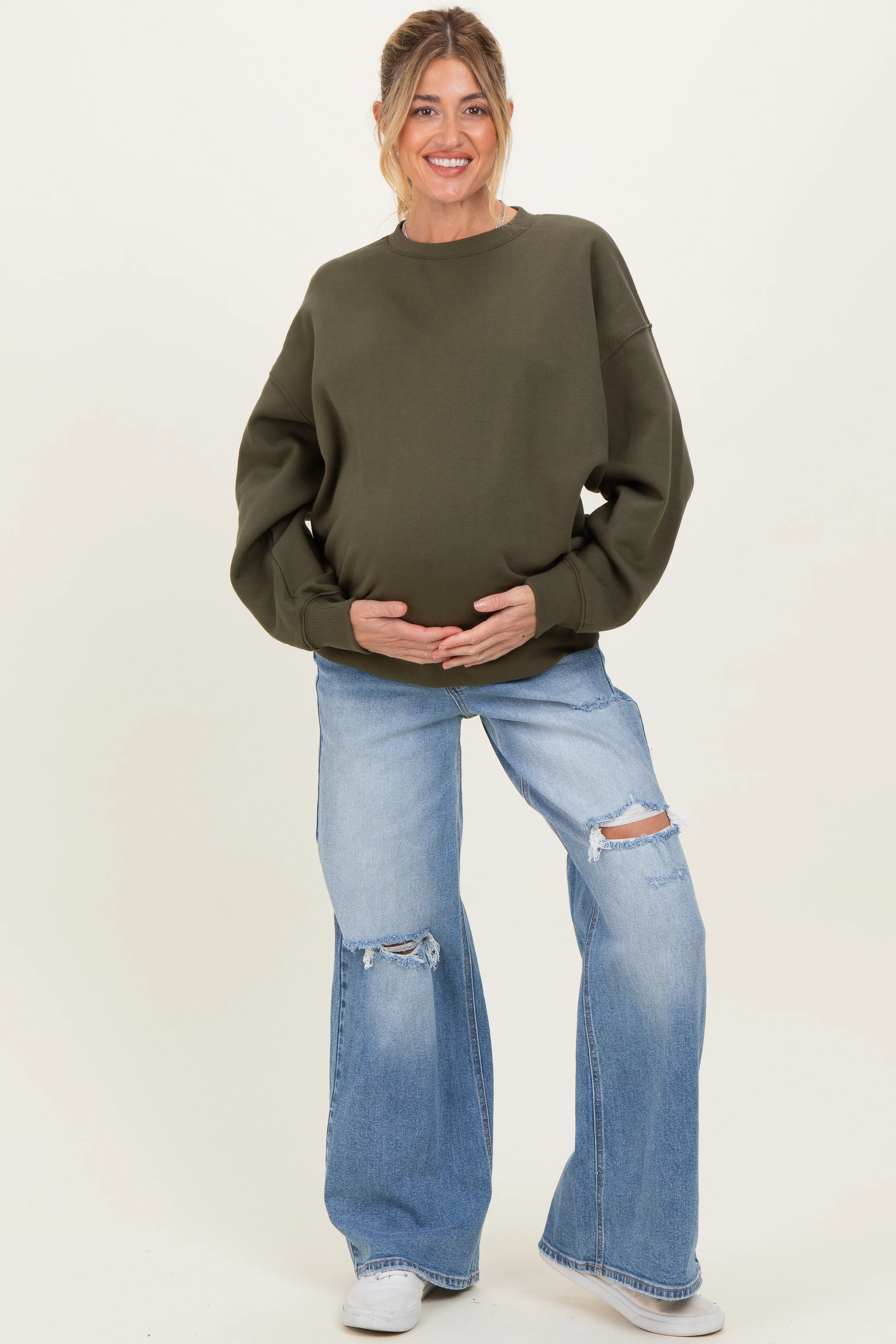 Image of Blue Distressed Open Knee Baggy Wide Leg Maternity Jeans