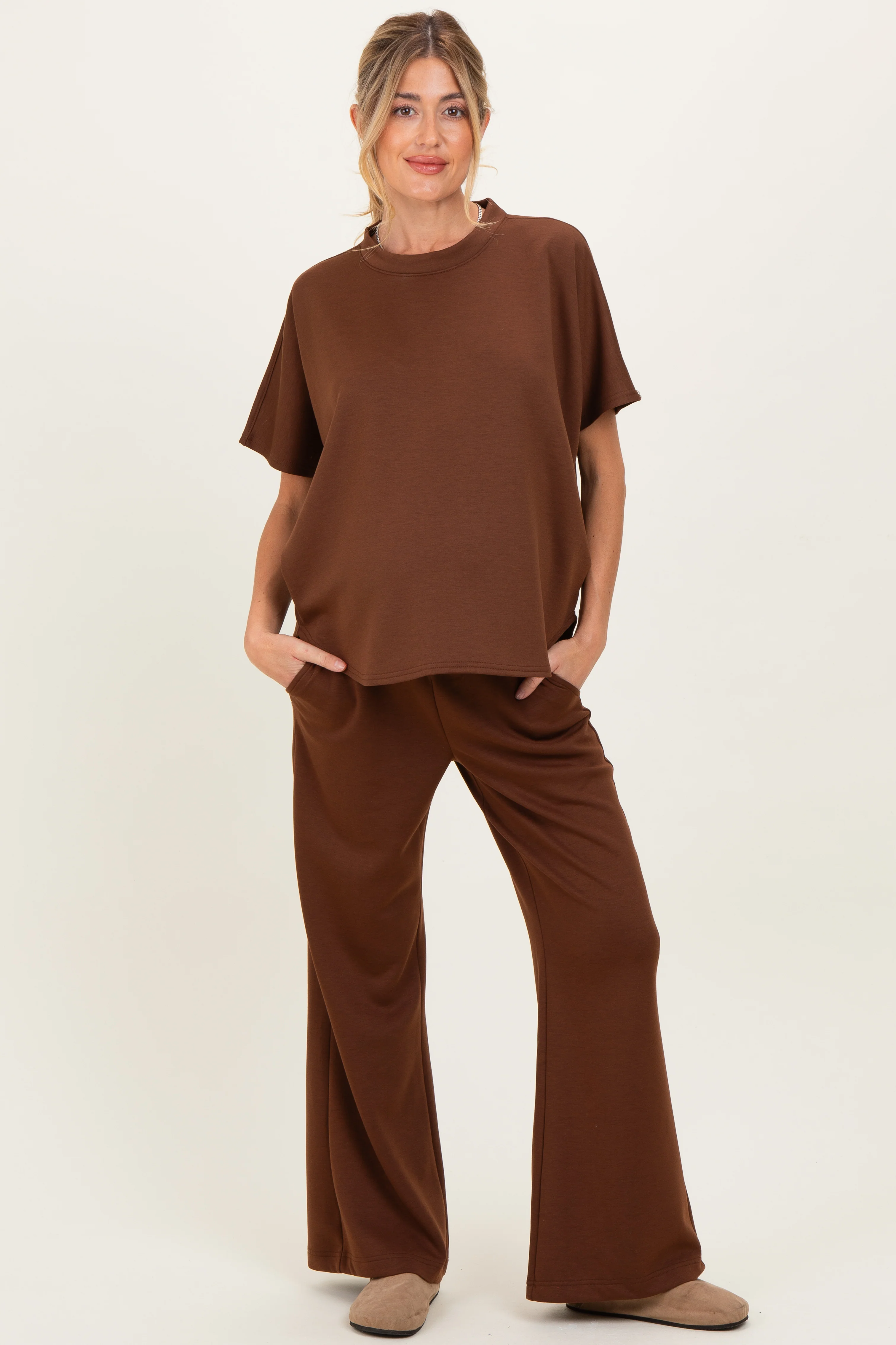 Image of Brown Curved Hem Tee Pants Maternity Lounge Set