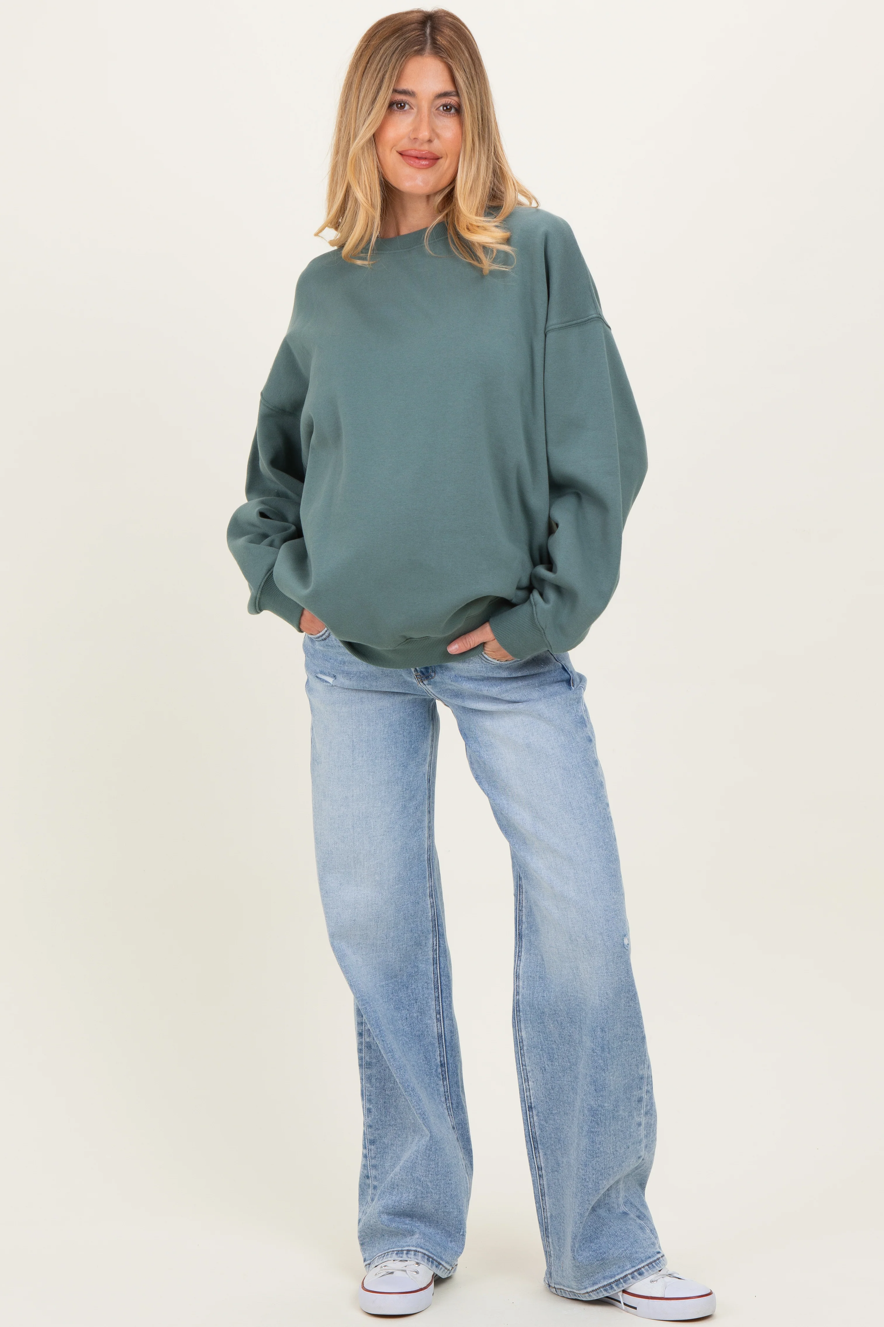 Image of Light Blue Lightly Distressed Maternity Wide Leg Jeans