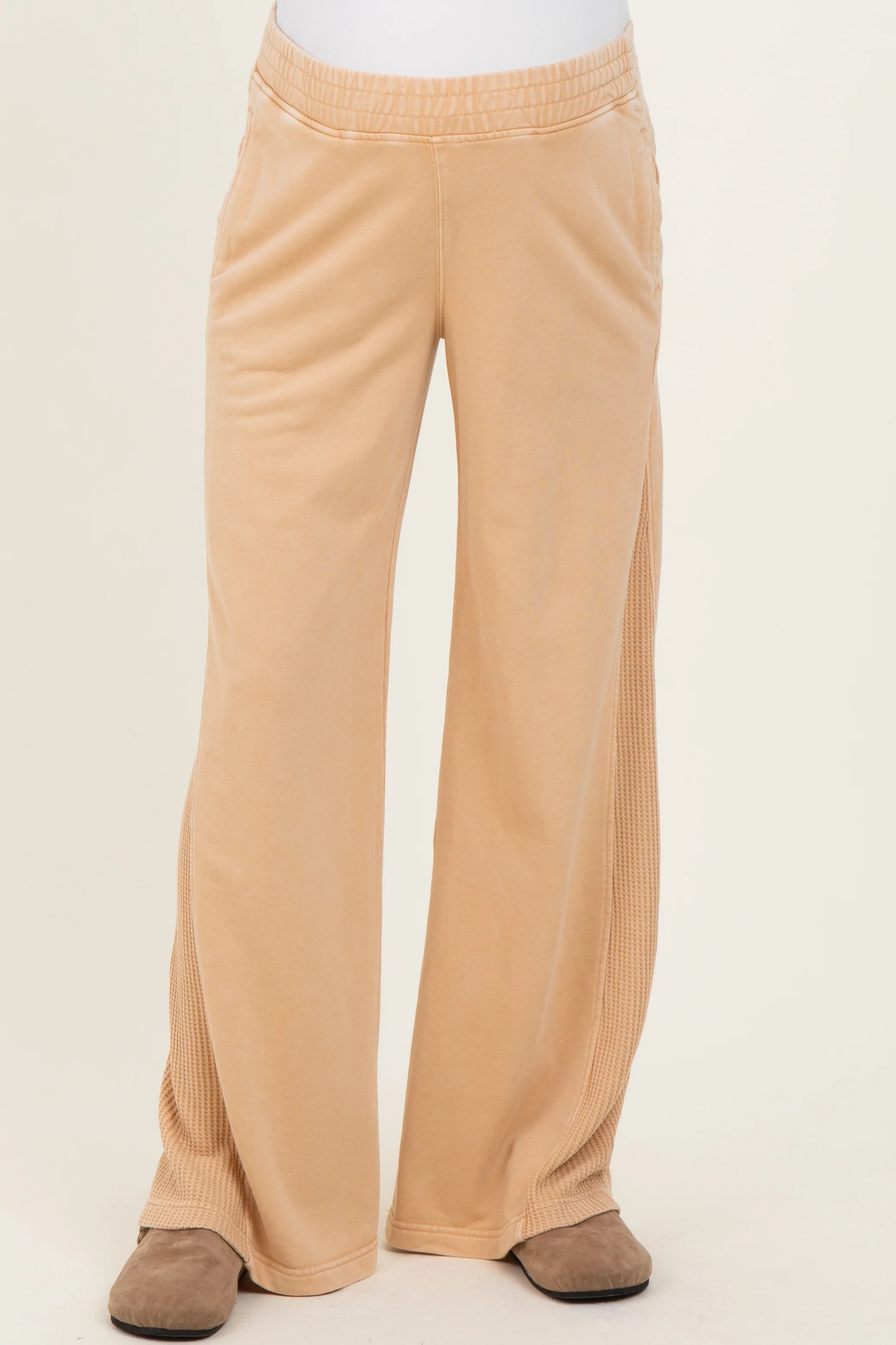 Image of Light Camel Mineral Wash Waffle Knit Contrast Maternity Lounge Pants