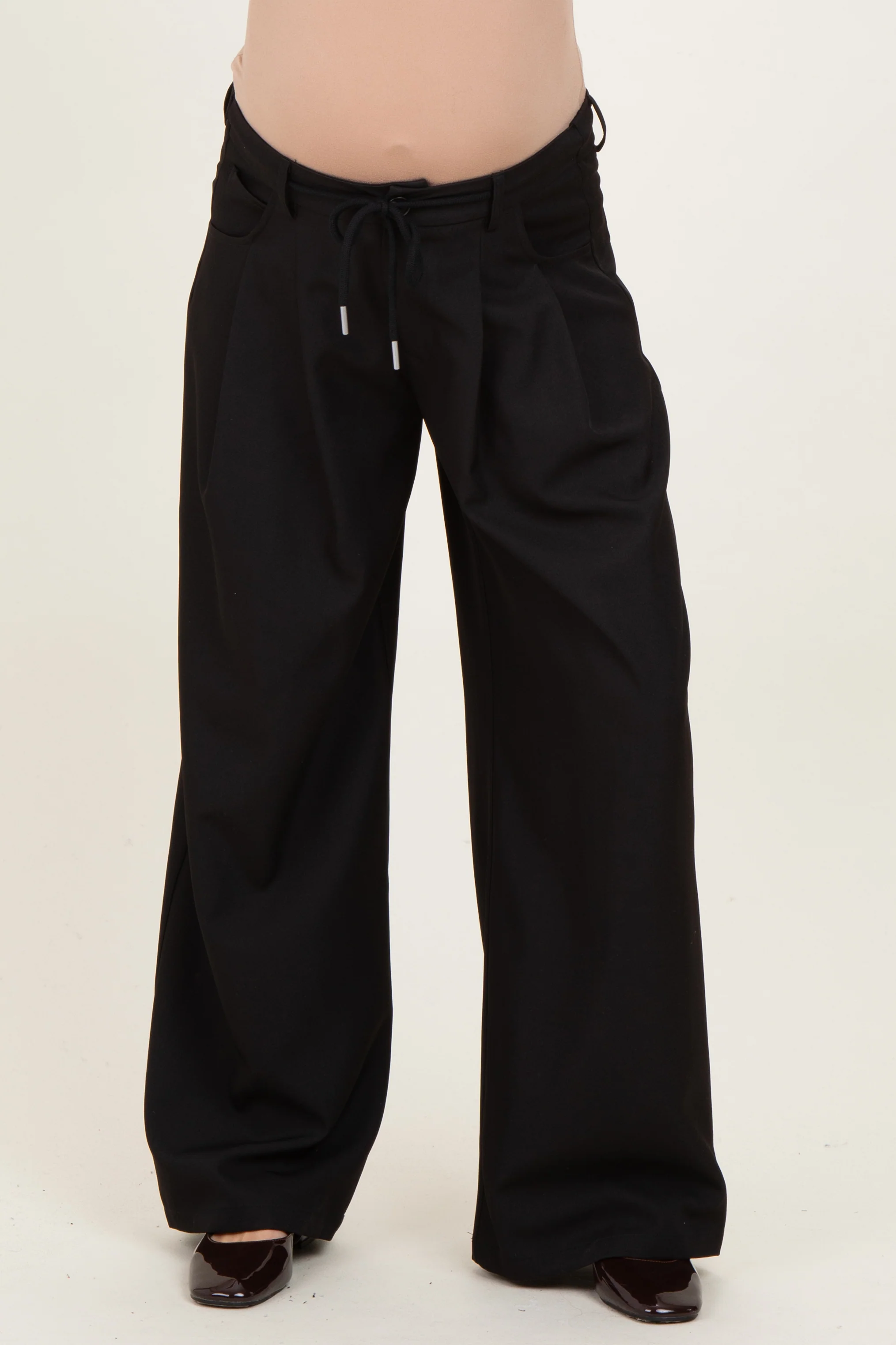 Image of Black Drawstring Pleated Maternity Wide Leg Trousers