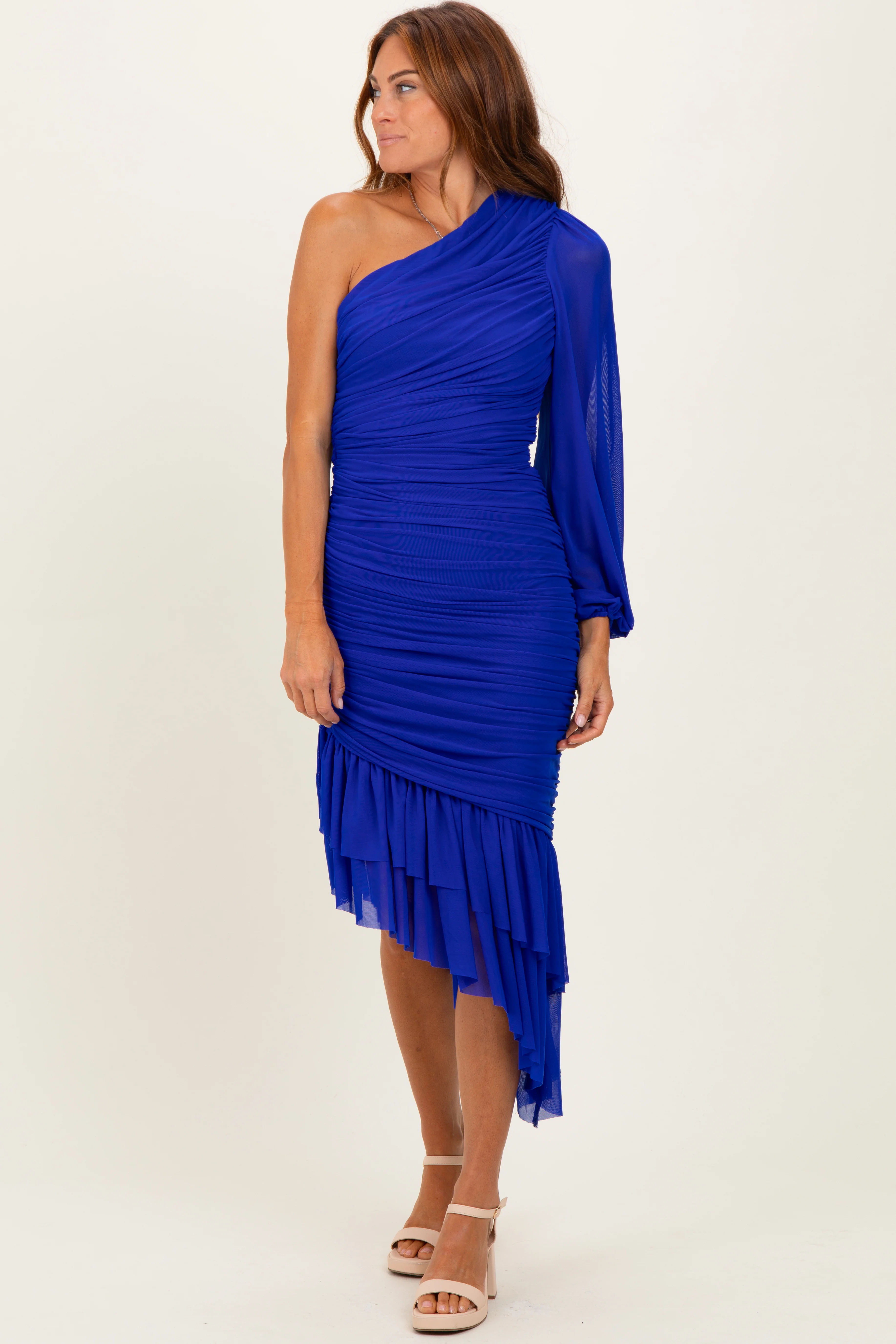 Image of Royal Blue Mesh Ruched One Shoulder Asymmetric Dress