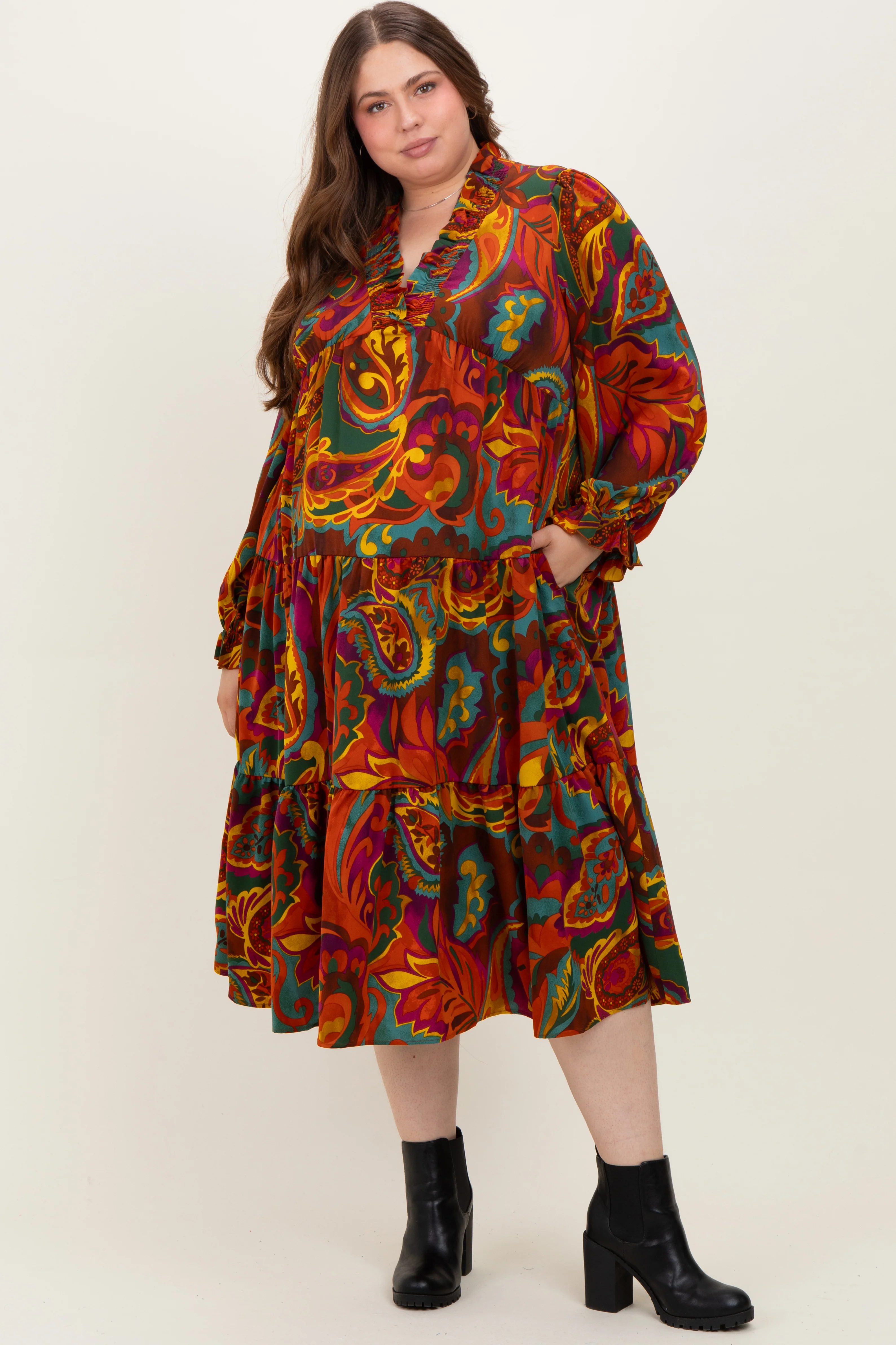 Image of Brown Paisley V-Neck Long Sleeve Tiered Maternity Plus Maxi Dress