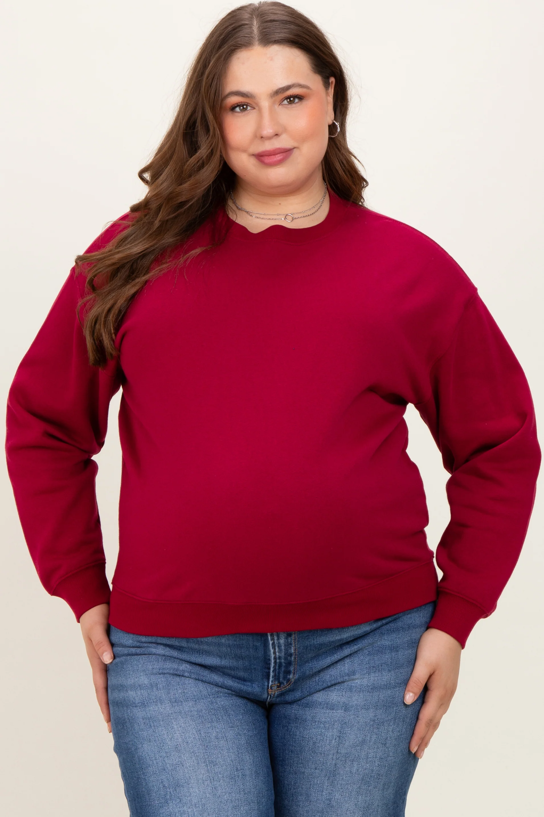 Image of Burgundy Basic Fleece Crewneck Maternity Sweatshirt