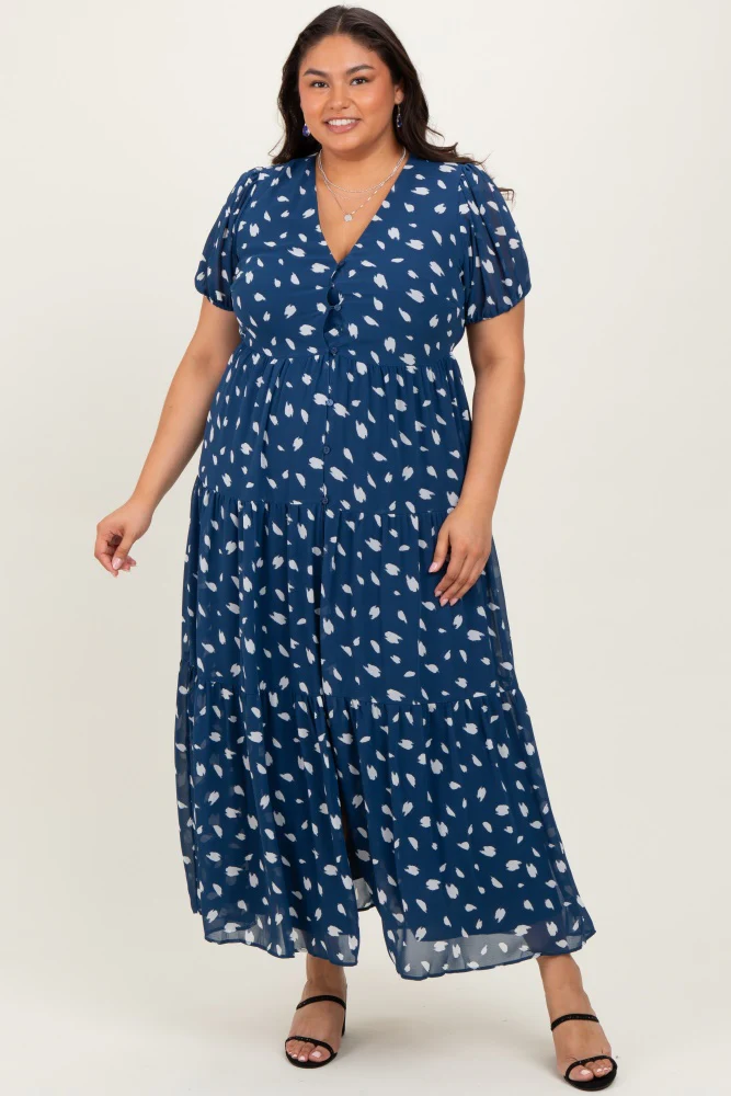 Image of Navy Printed Button Down Tiered Plus Maxi Dress