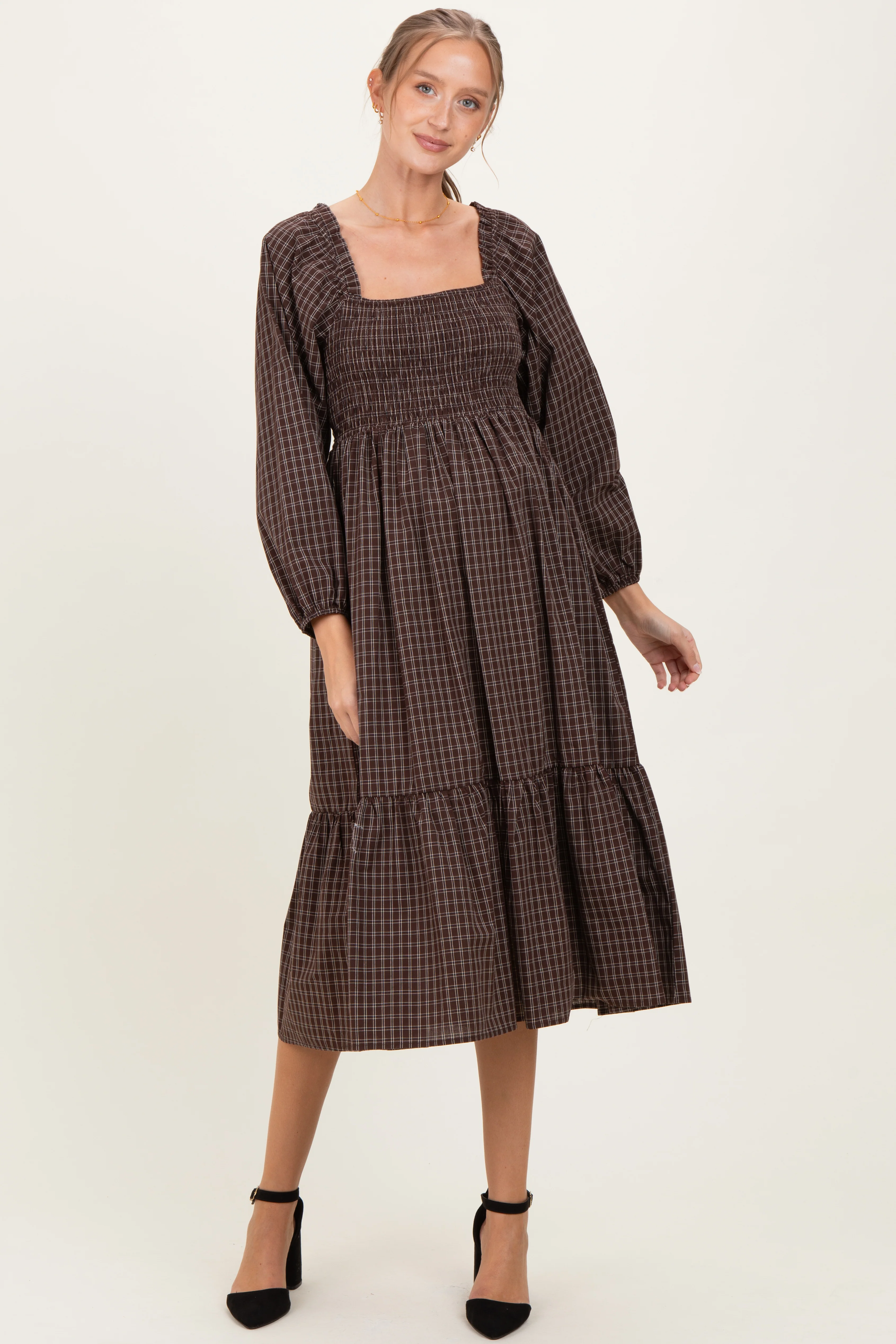 Image of Brown Plaid Smocked Puff Sleeve Maternity Midi Dress