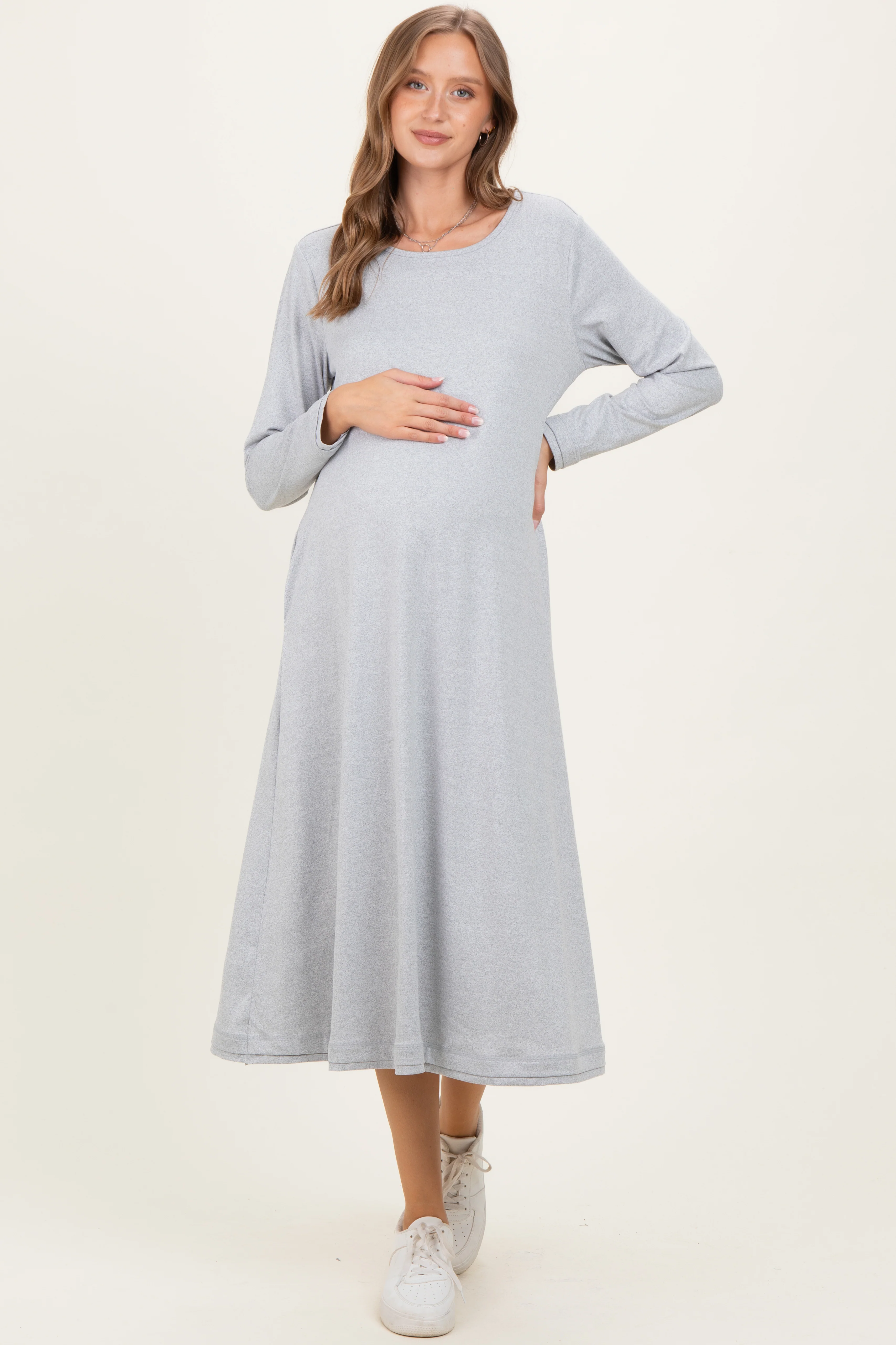Image of Heather Grey Relaxed Fit Long Sleeve Basic Maternity Dress