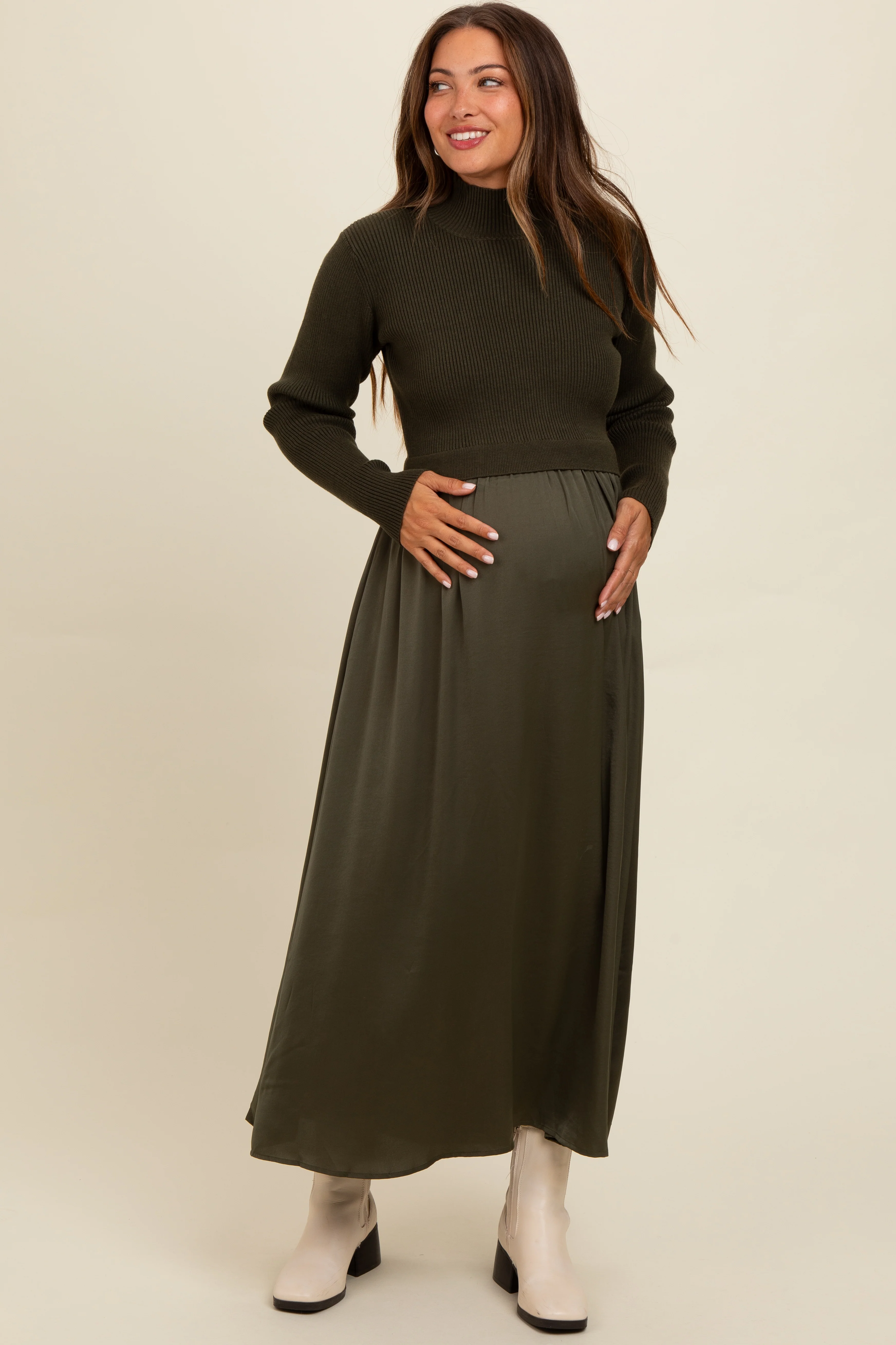 Image of Olive Knit Contrast Top Satin Maternity Midi Dress