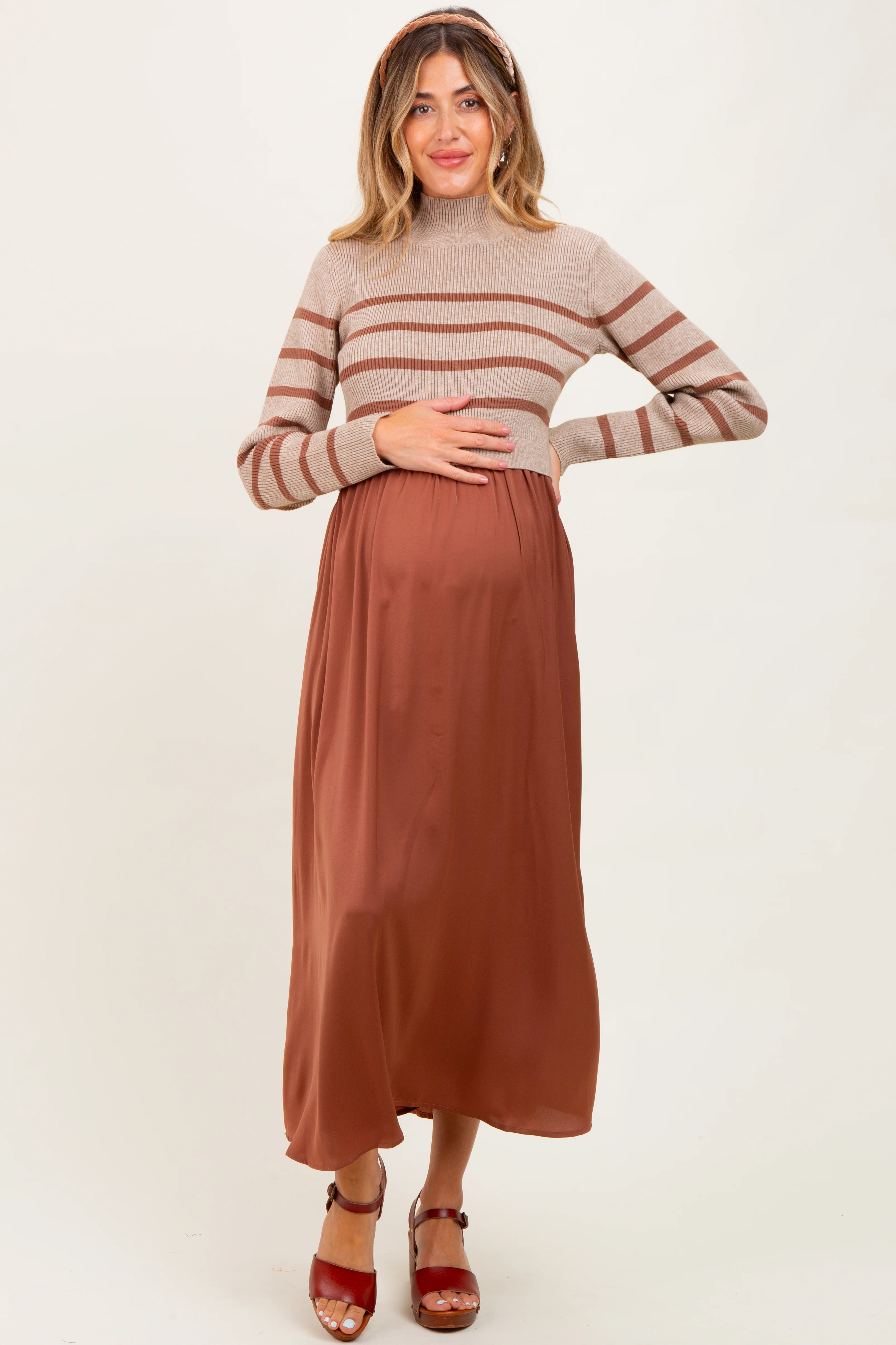 Image of Brown Striped Contrast Sweater Top Maternity Maxi Dress