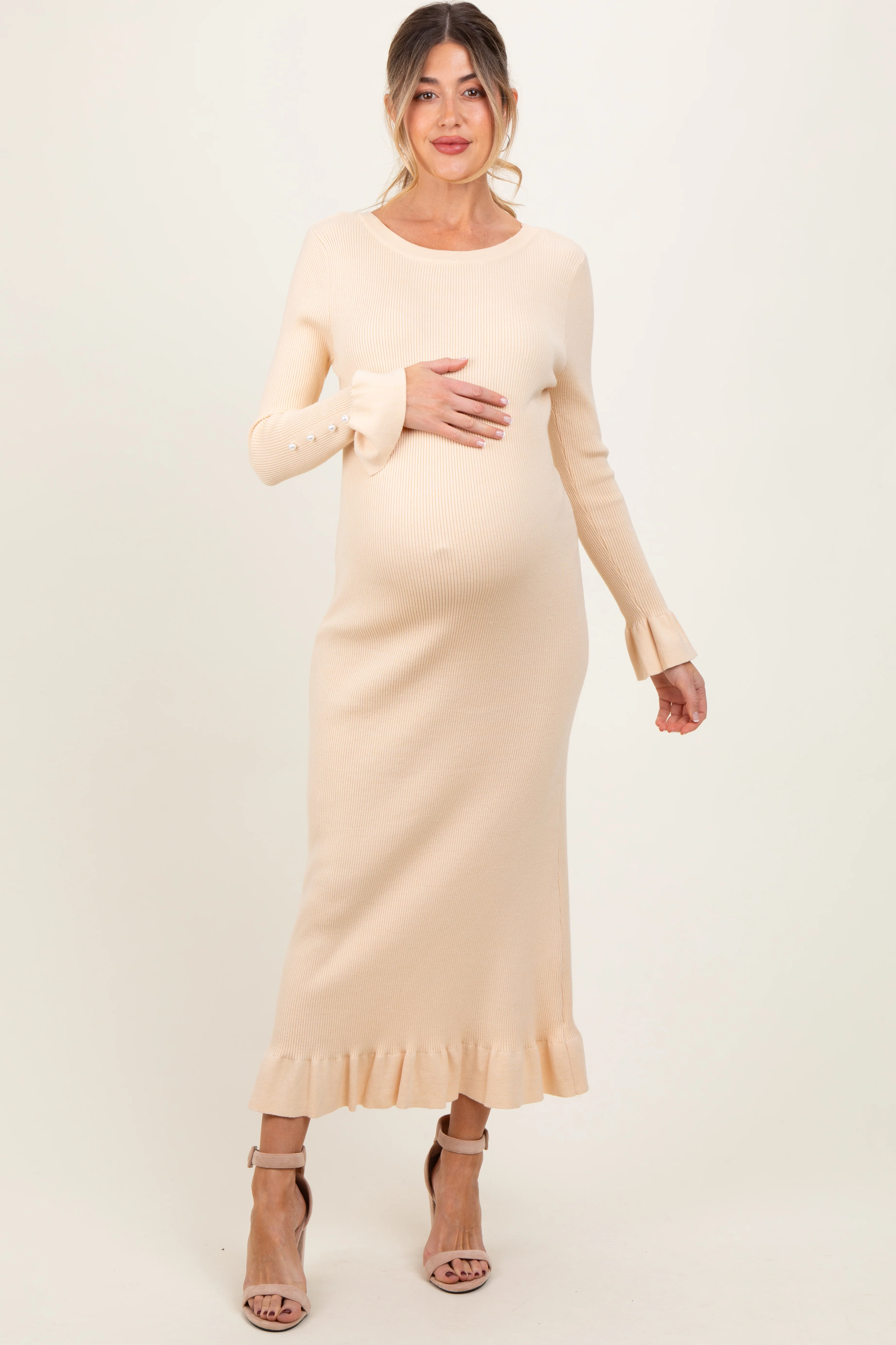 Image of Light Yellow Ribbed Knit Bow Back Maternity Maxi Dress