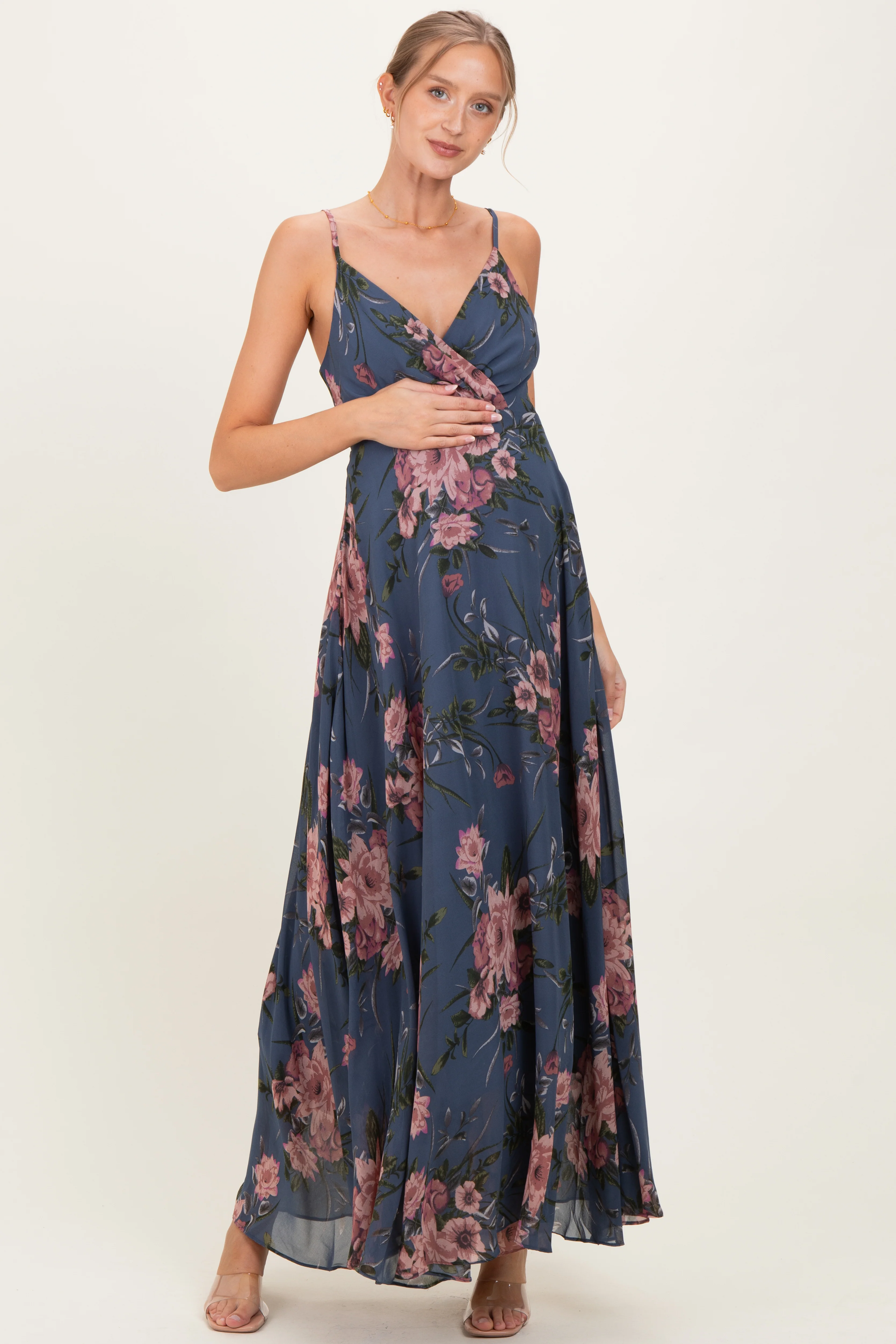 Image of Dusty Blue Floral V-Neck Sleeveless Maternity Maxi Dress