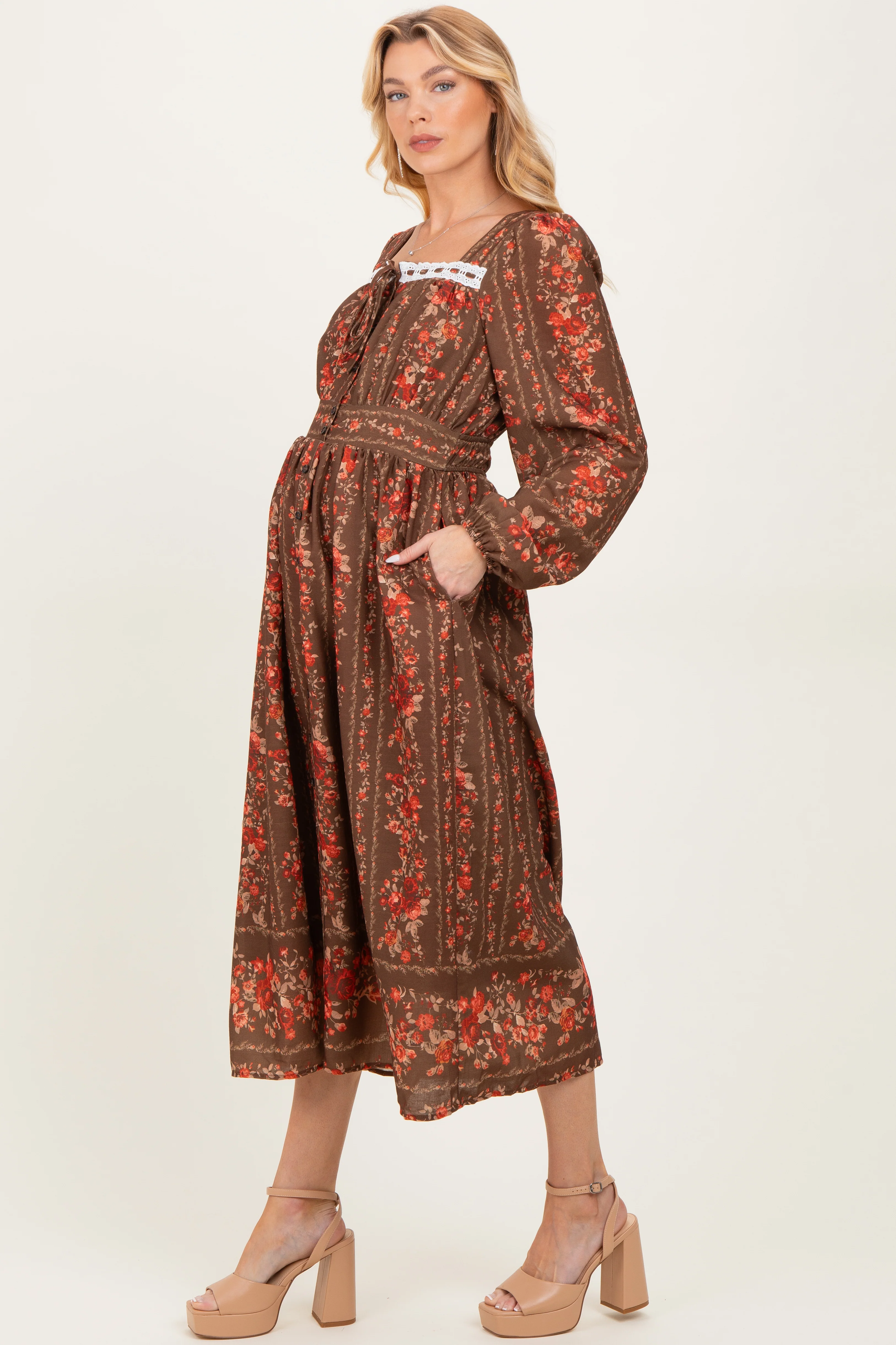 Image of Brown Floral Stripe Button Down Long Sleeve Maternity Midi Dress