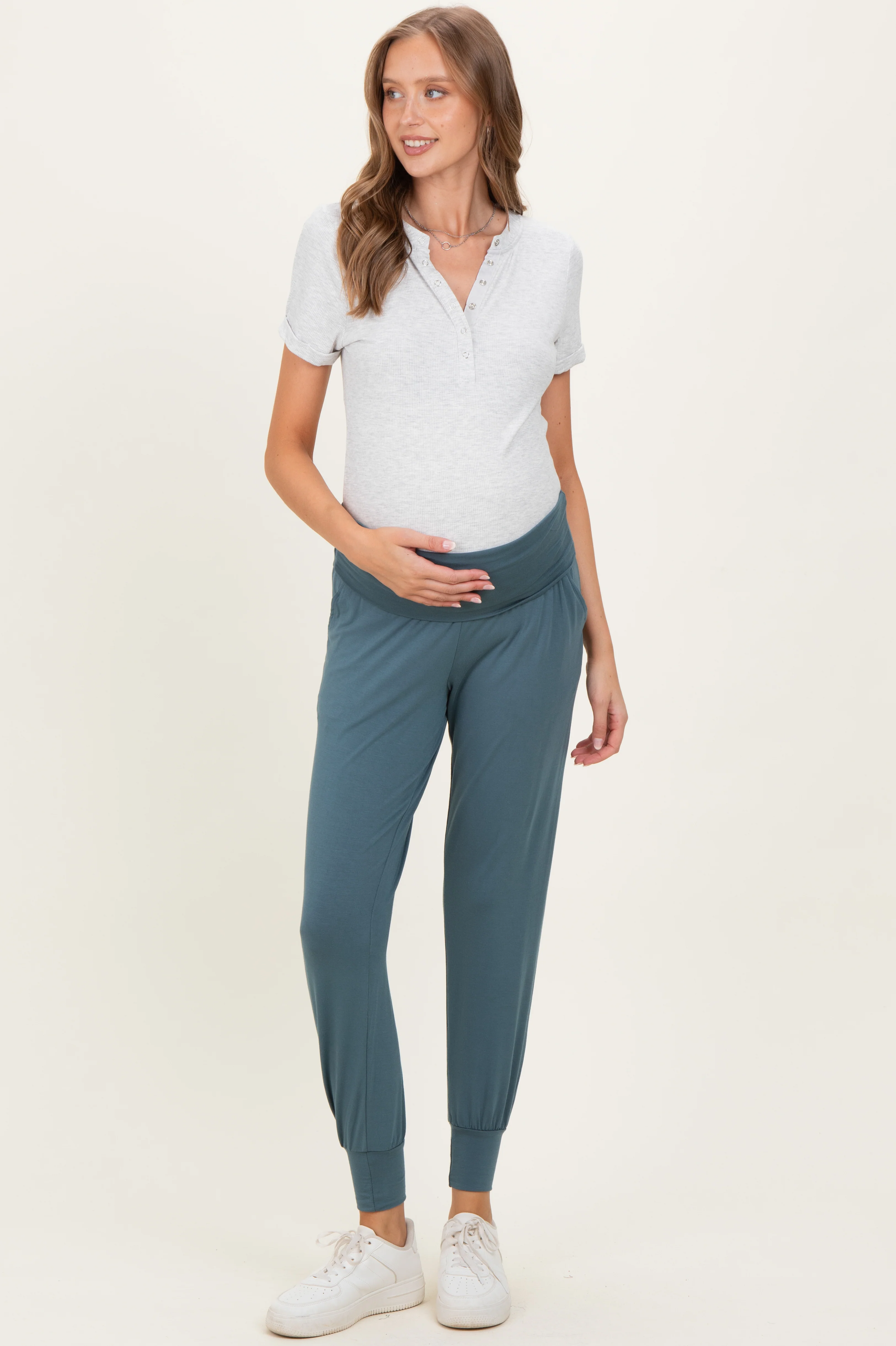 Image of Teal Blue Maternity Band Jogger Pants