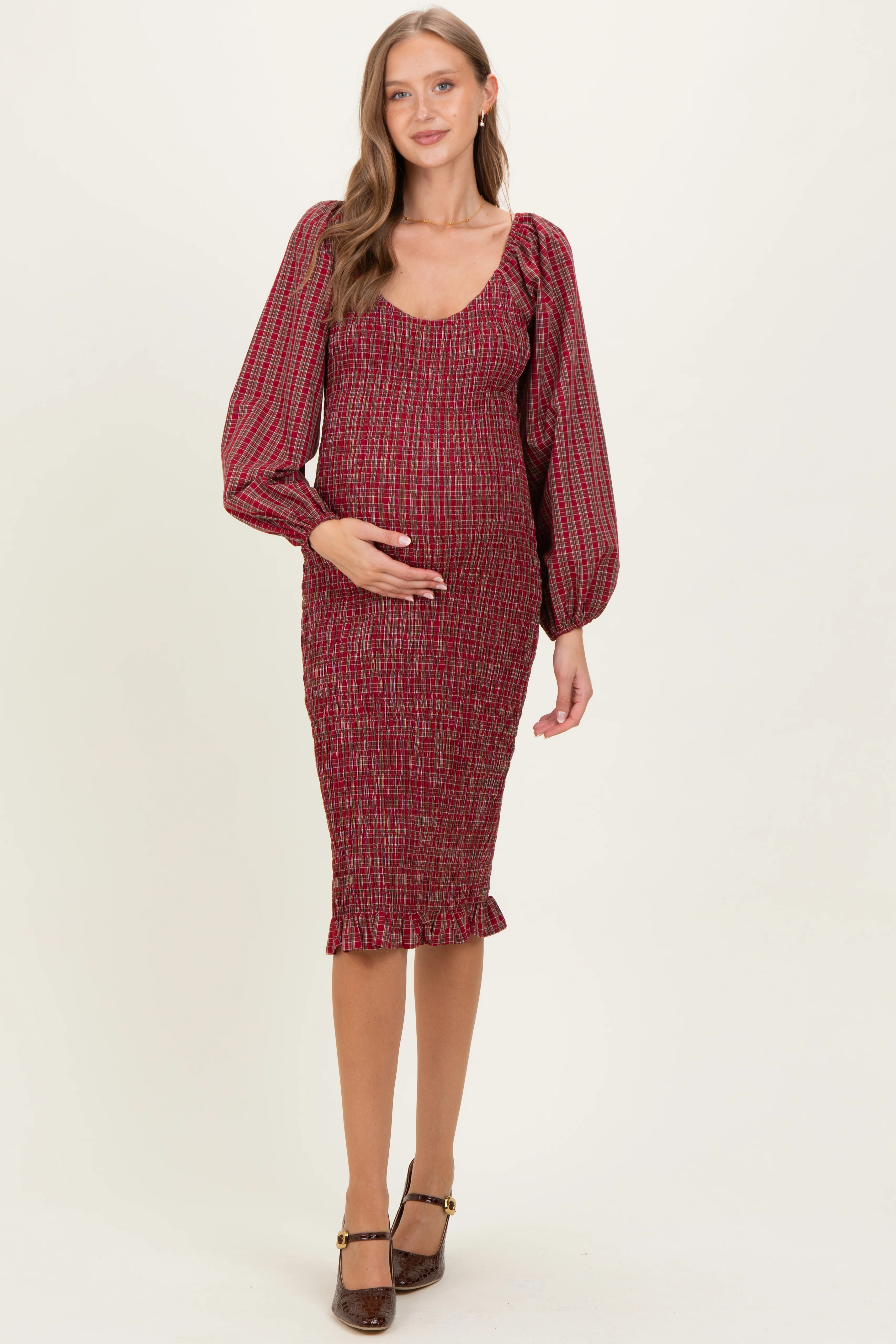 Image of Burgundy Plaid Long Sleeve Bodycon Maternity Midi Dress