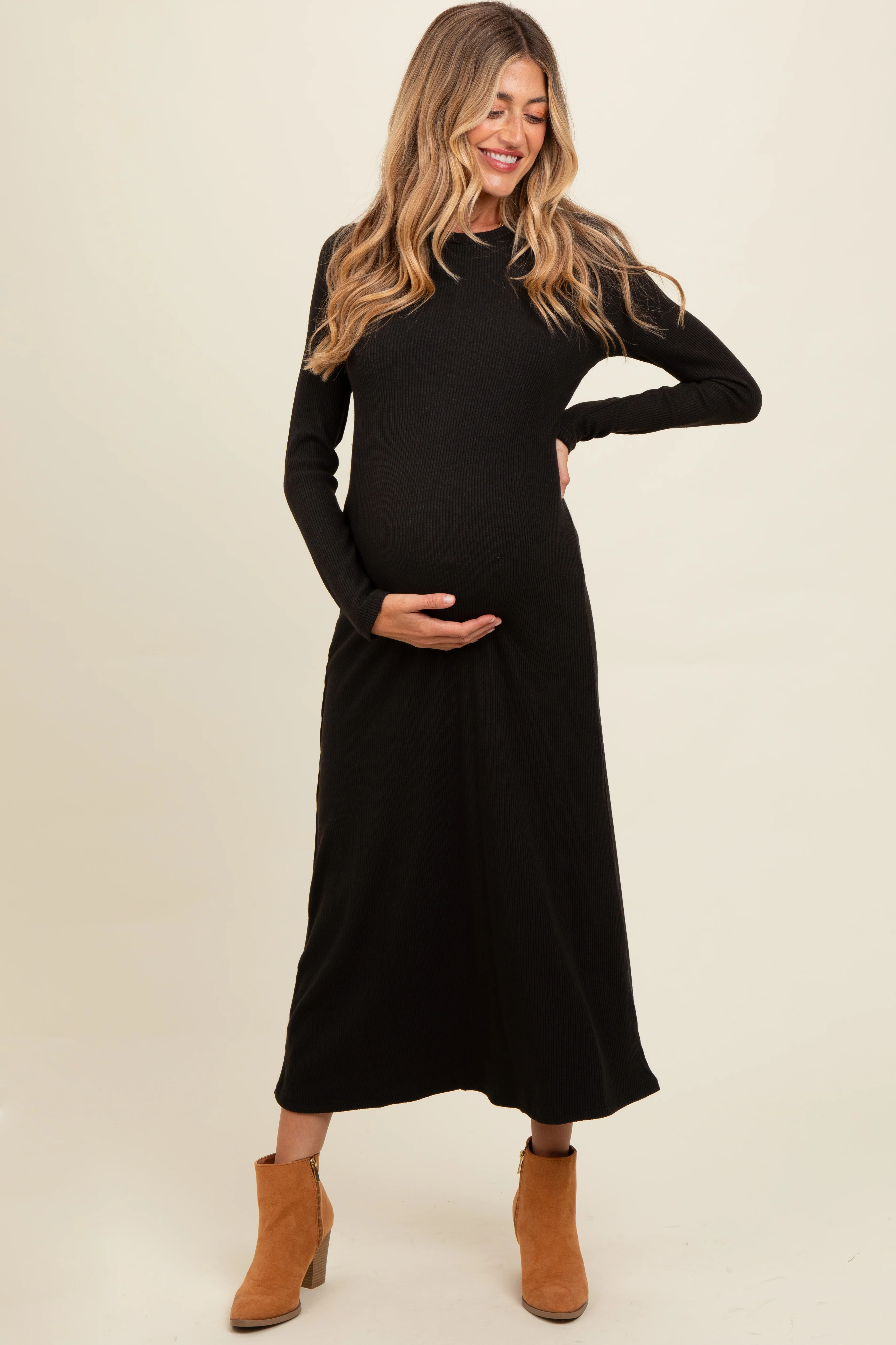 Image of Charcoal Ribbed Knit Side Slit Maternity Midi Dress