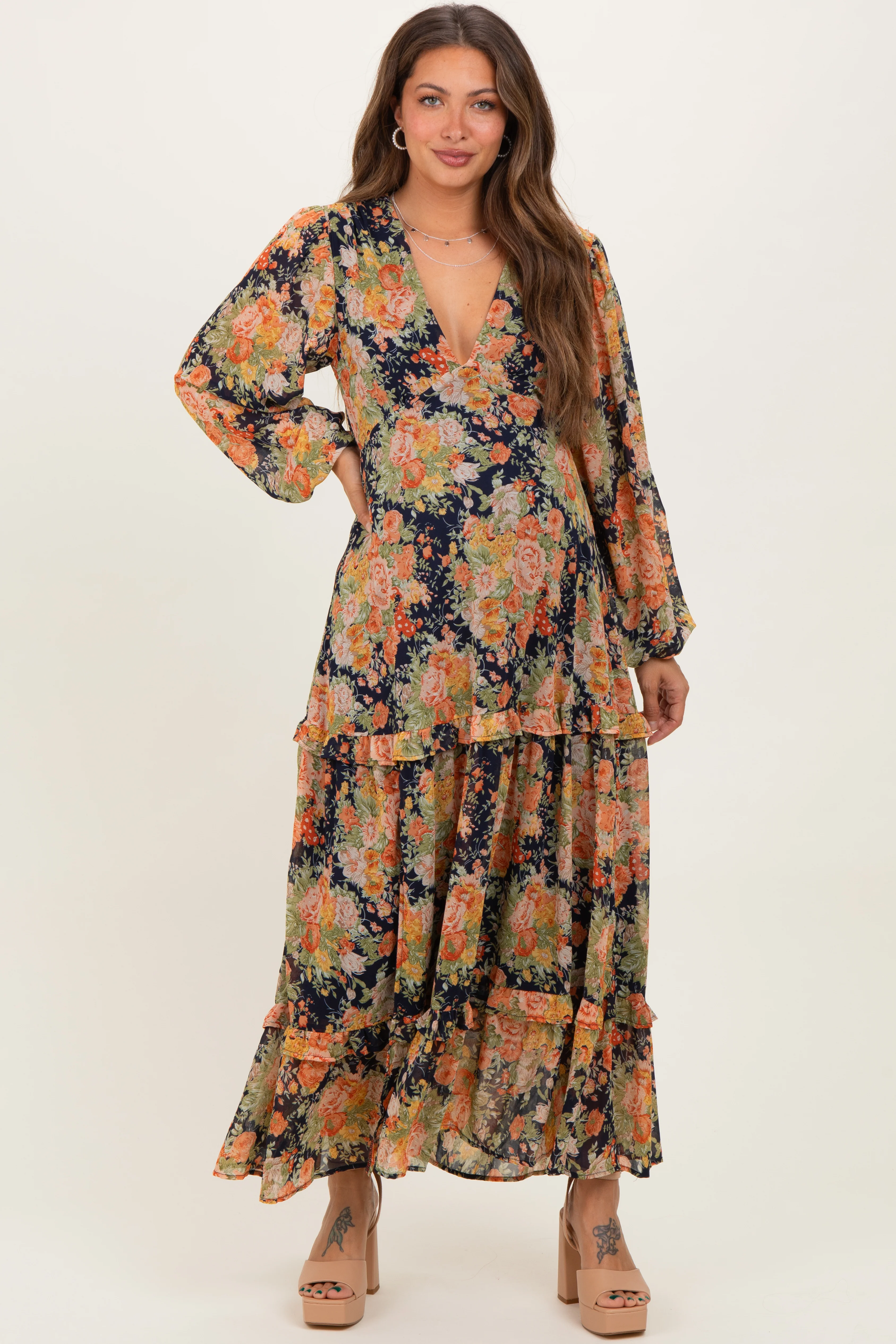 Image of Navy Floral Deep V-Neck Tiered Maternity Maxi Dress