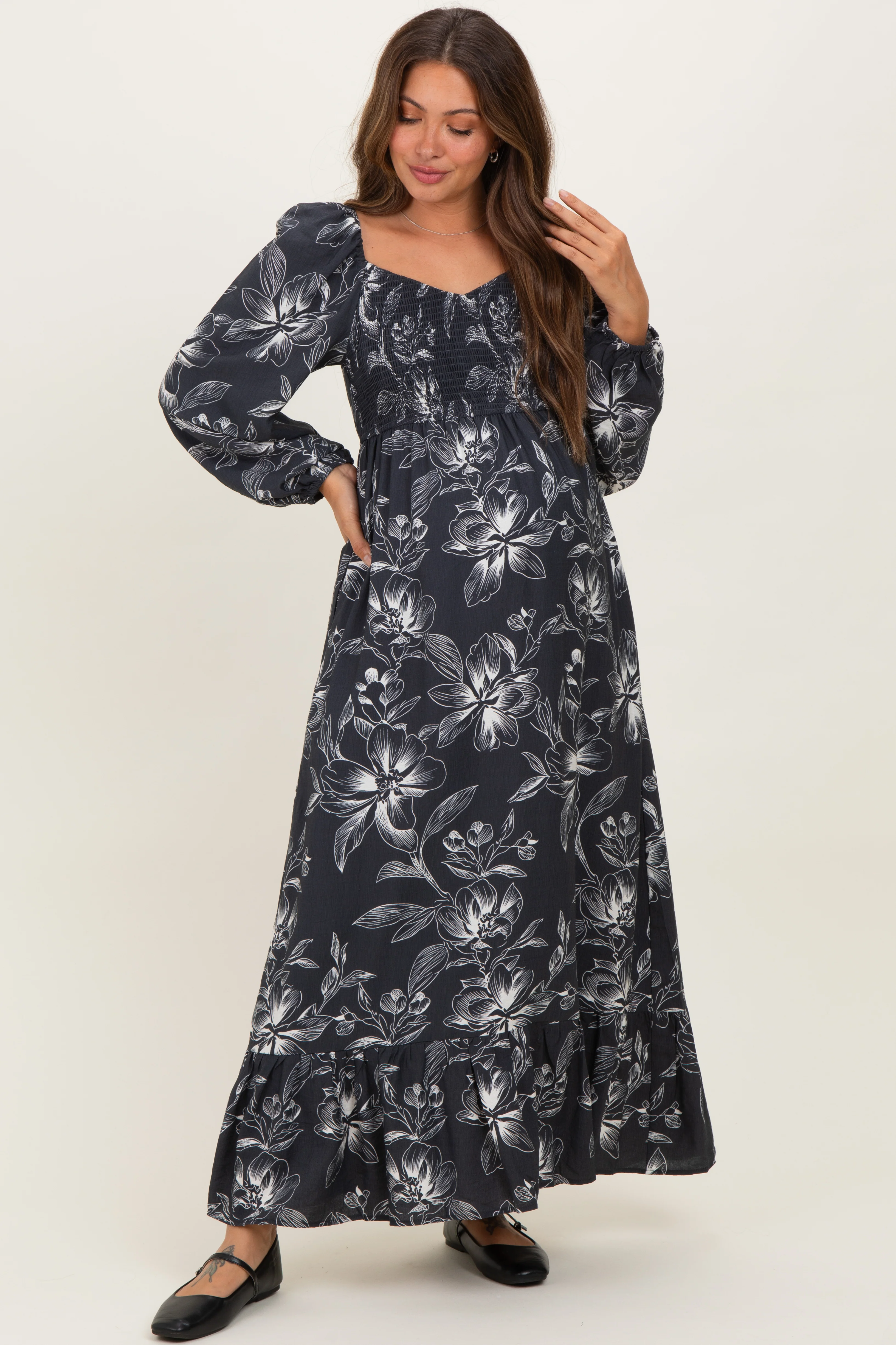 Image of Charcoal Floral Smocked Long Sleeve Maternity Maxi Dress