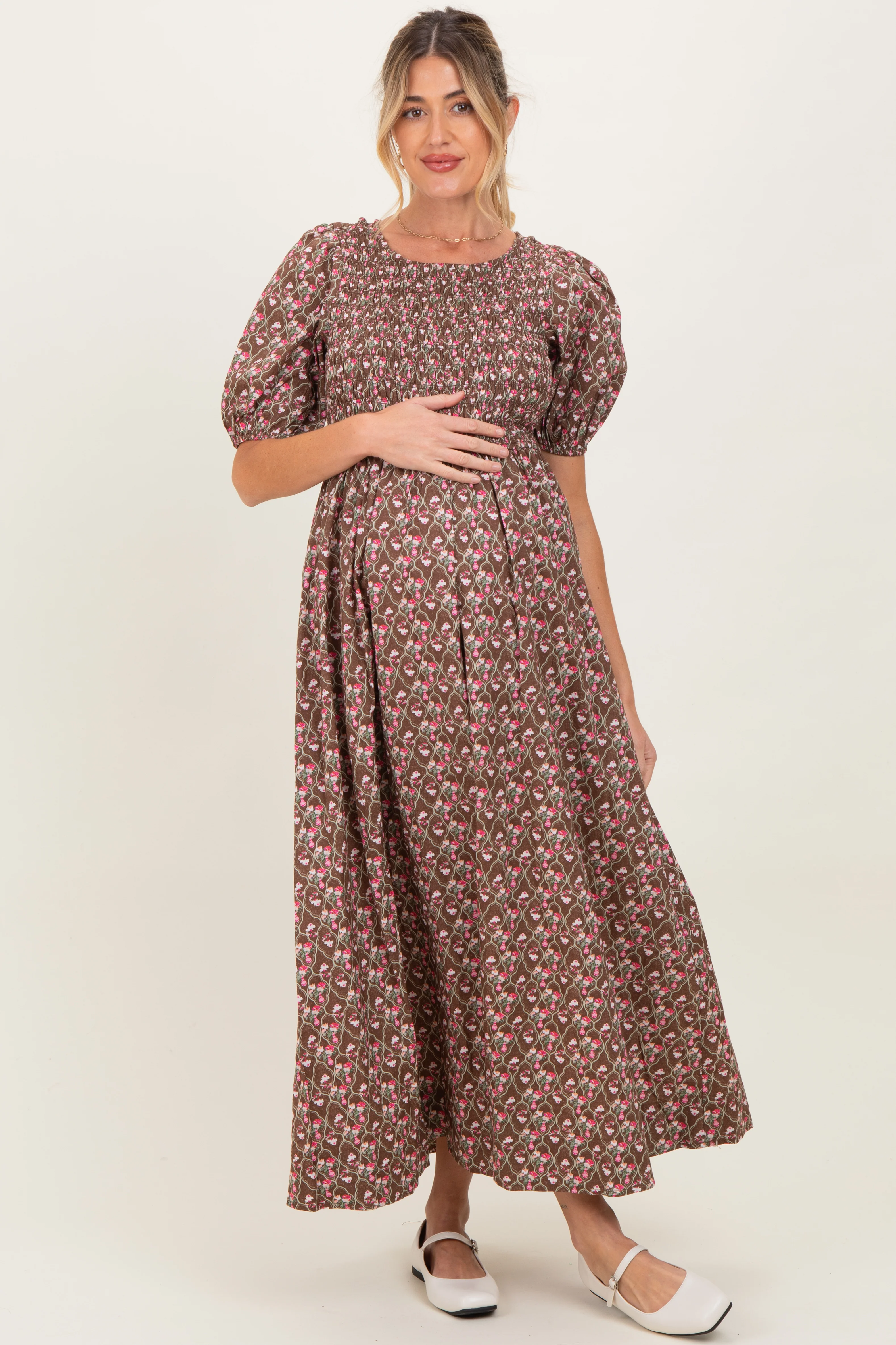 Image of Mocha Floral Smocked Puff Sleeve Maternity Maxi Dress
