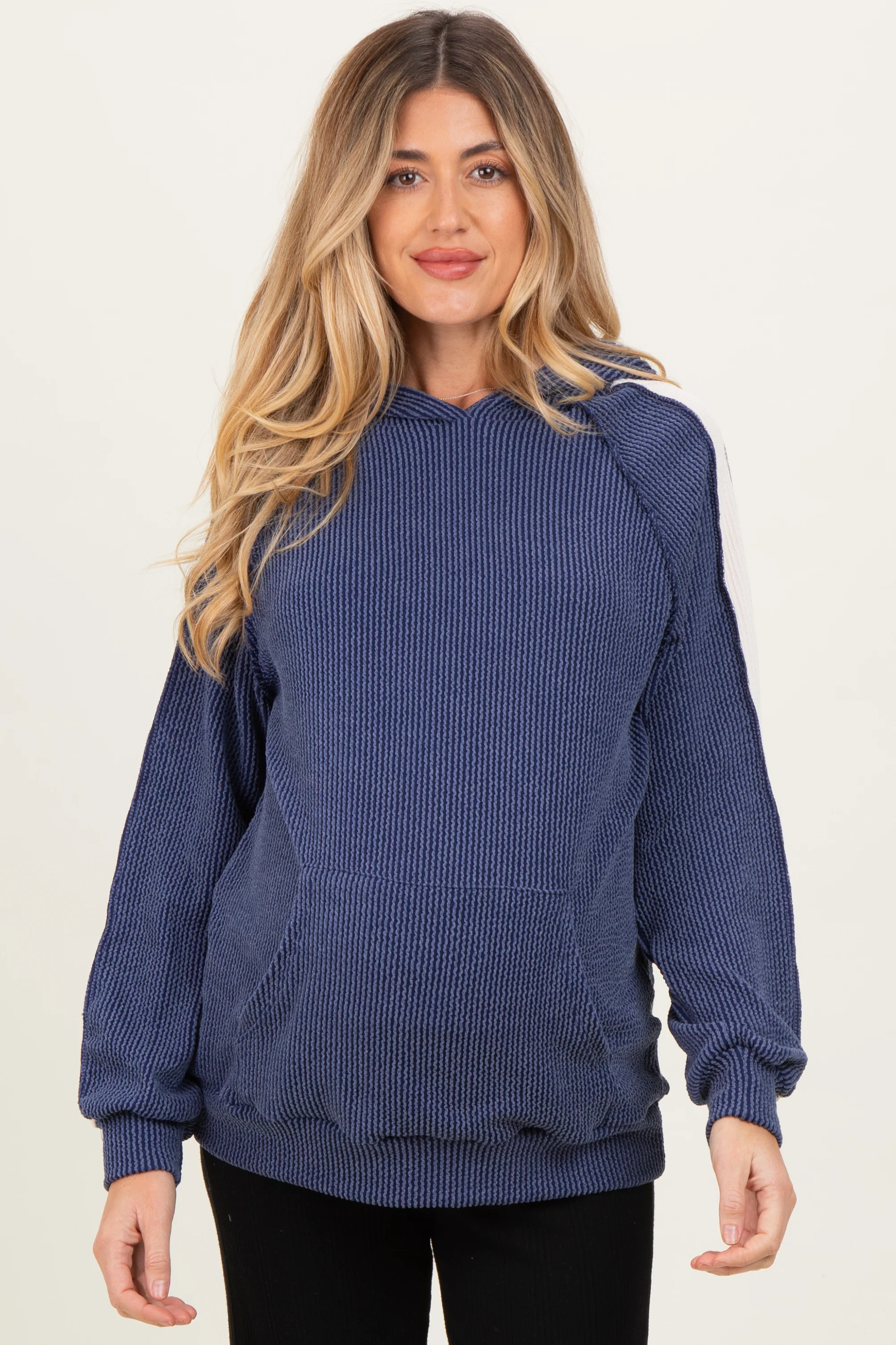 Image of Navy Textured Rib Colorblock Maternity Hoodie