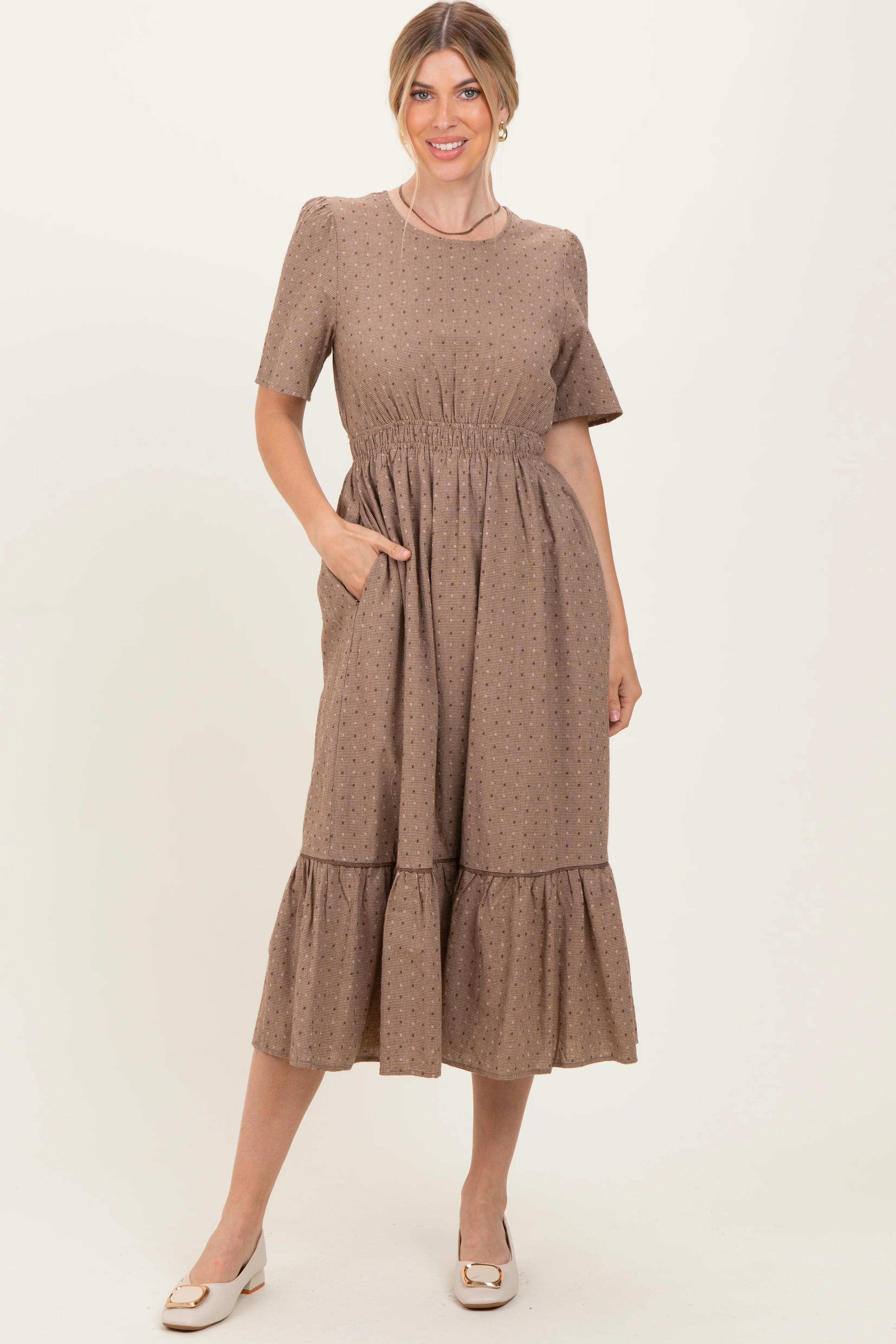 Image of Brown Houndstooth Lace Midi Dress