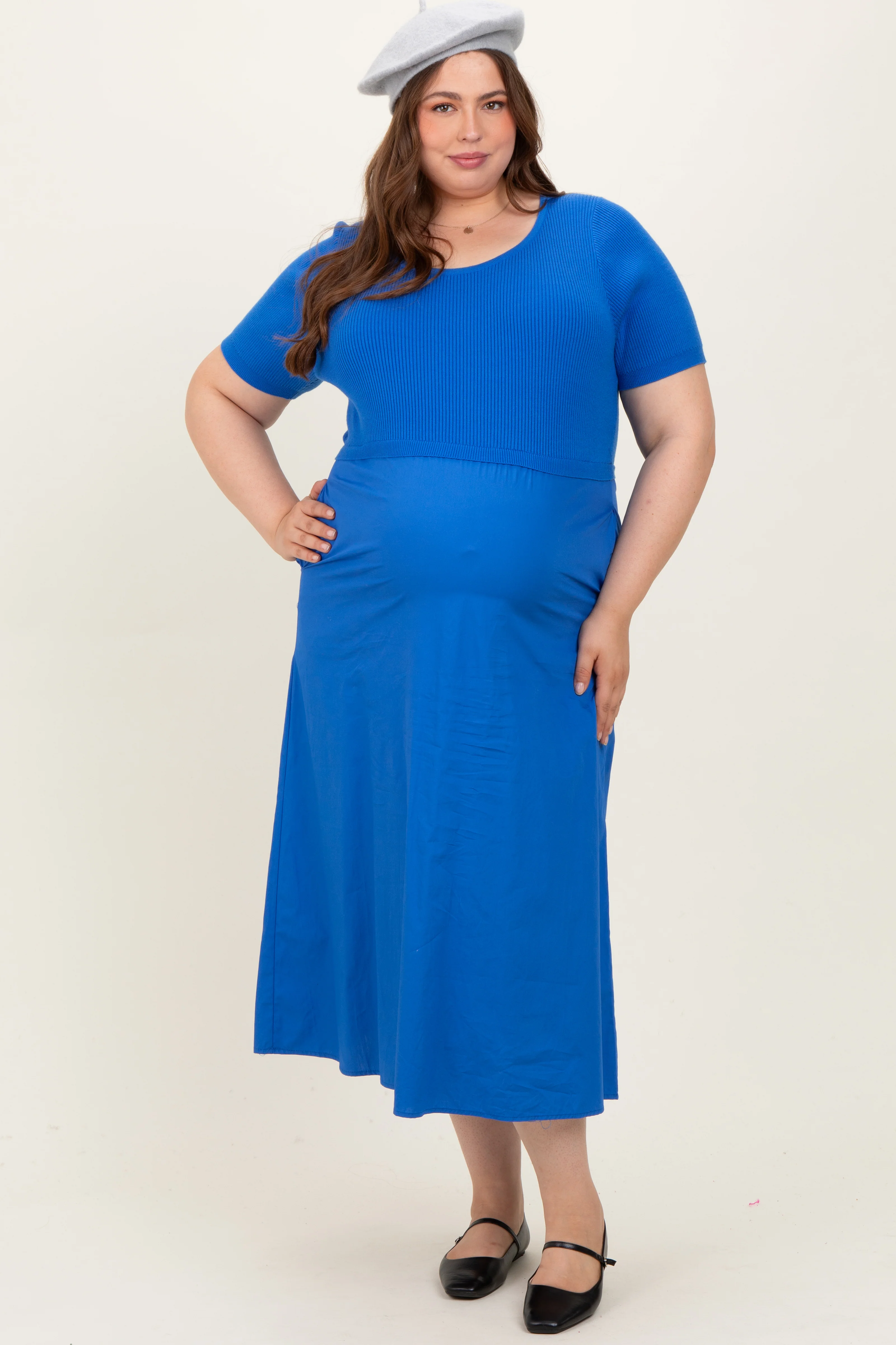 Image of Blue Round Neck Ribbed Top Plus Maternity Midi Dress