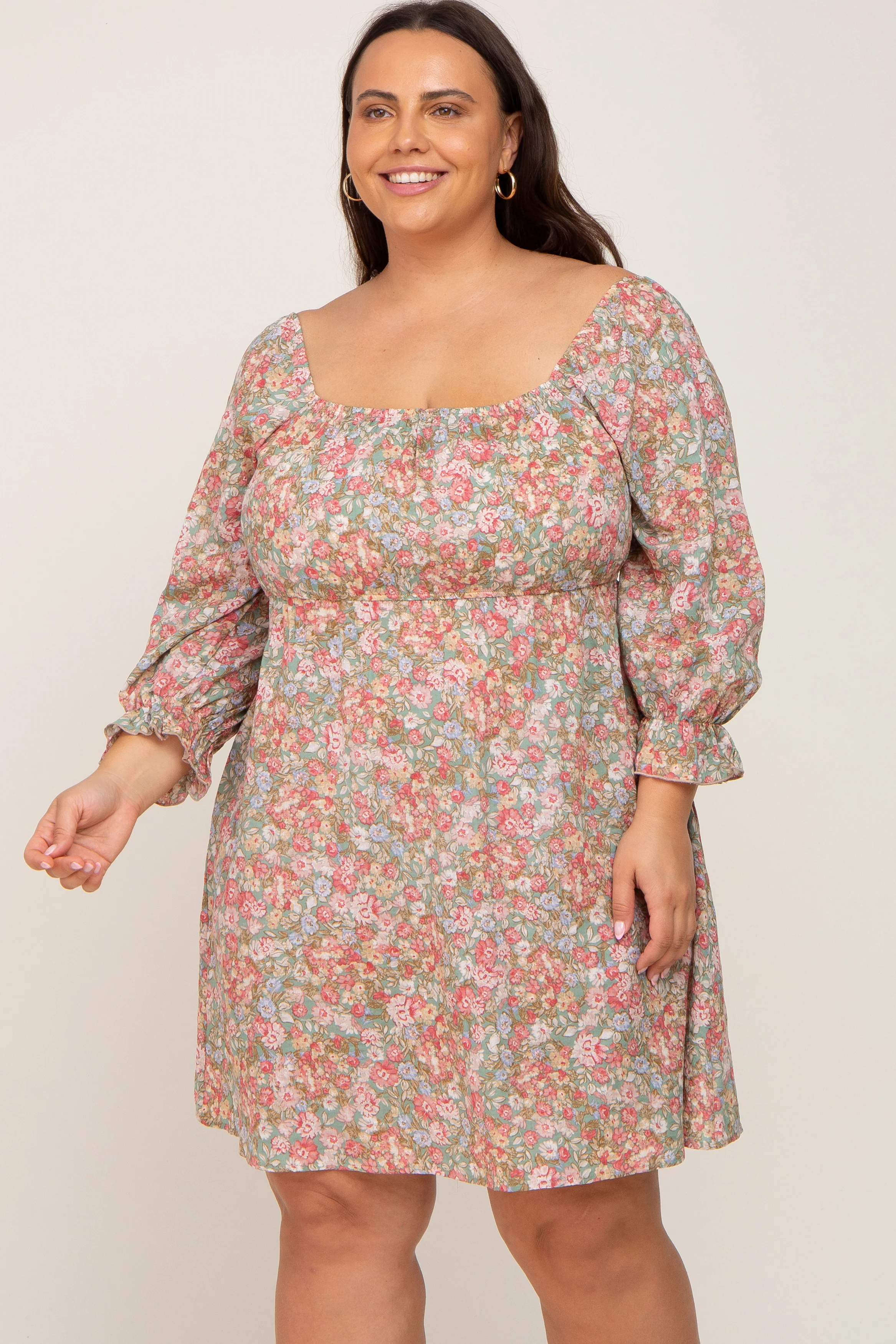 Image of Light Olive Floral Bubble Sleeve Plus Dress