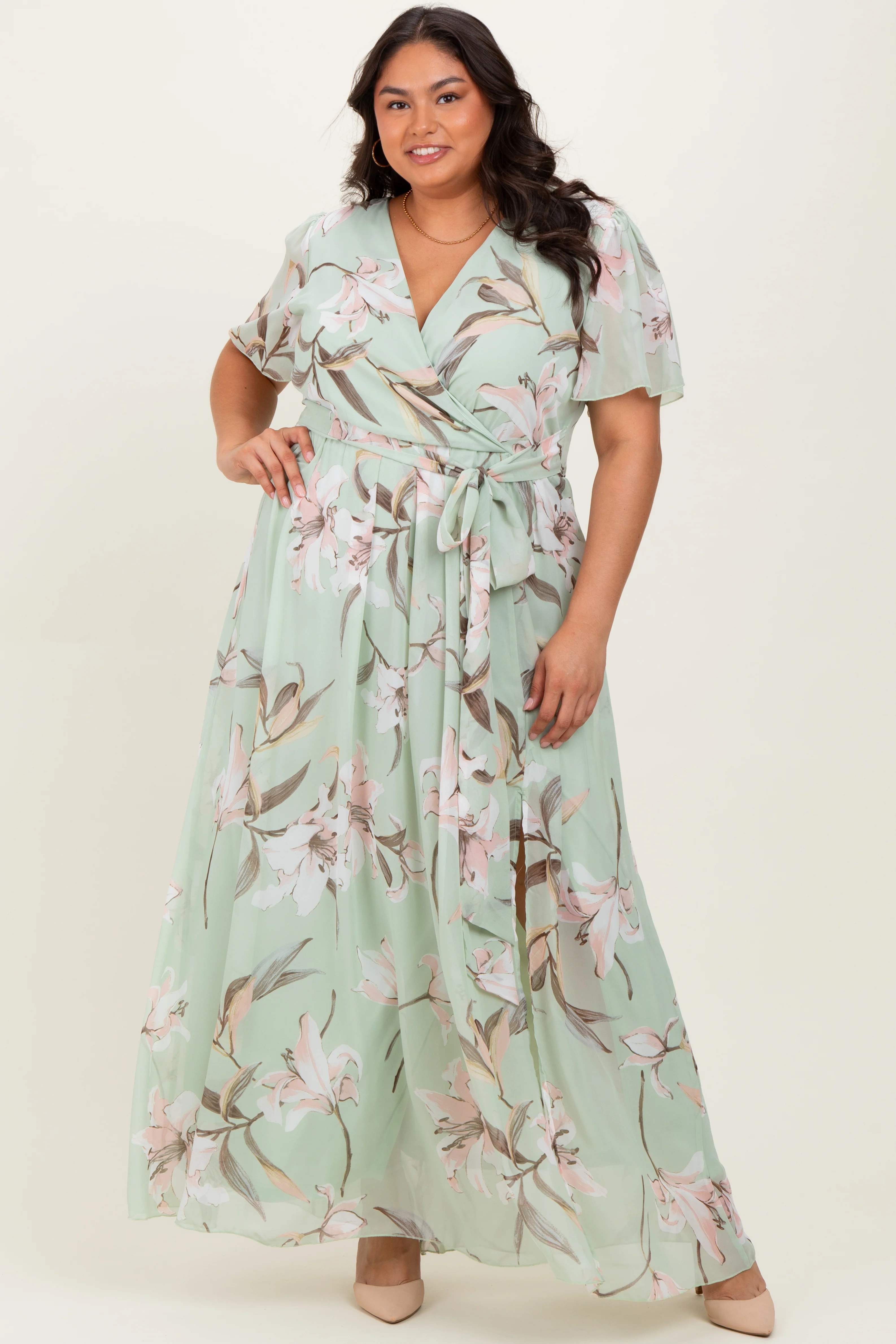 Image of Light Olive Floral Chiffon Sash Tie Plus Maxi Dress