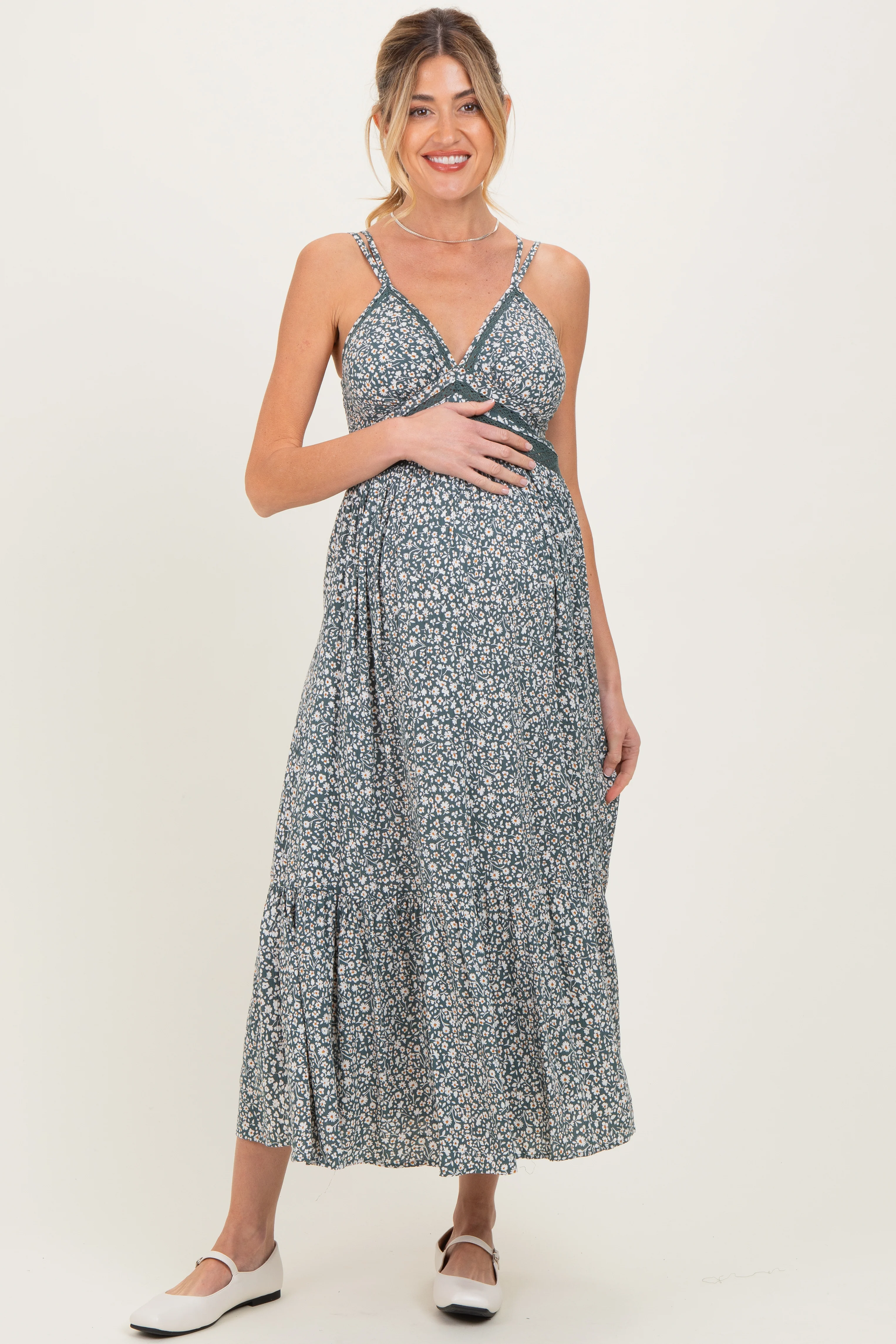 Image of Olive Floral Lace Detail Strappy Maternity Maxi Dress
