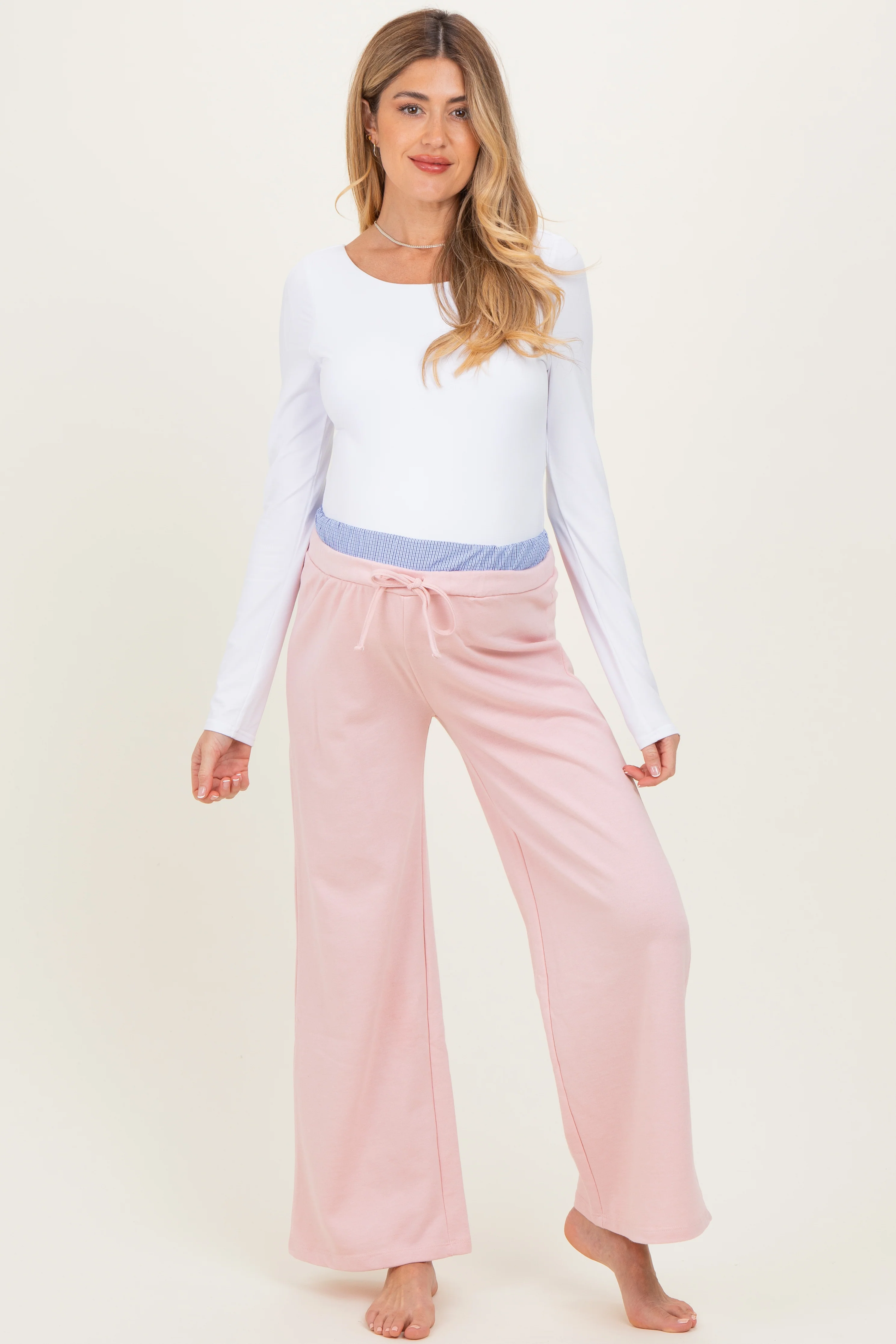 Image of Light Pink Contrast Waistband Maternity Lounge Pants
