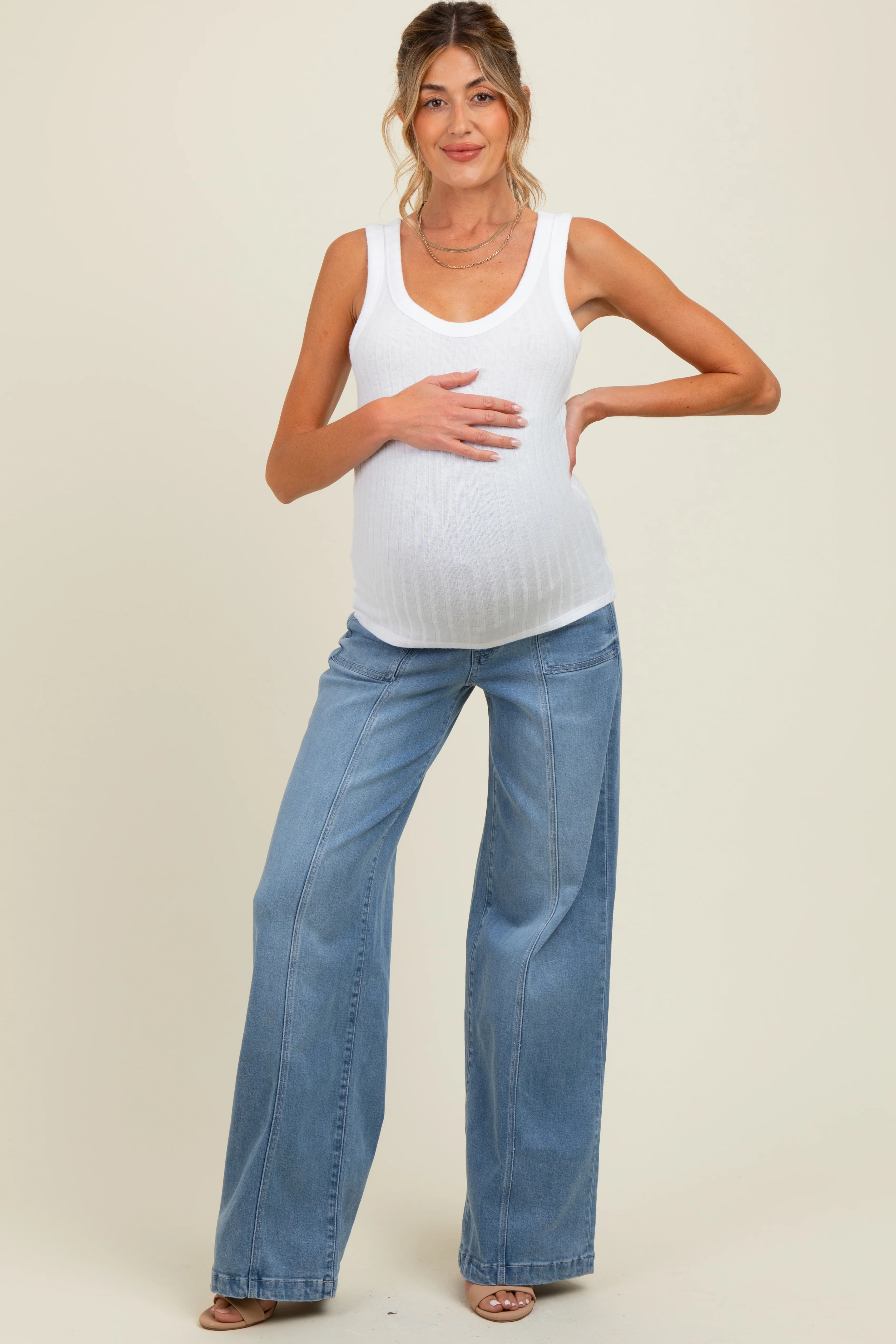 Image of Blue Front Seam Super Wide Leg Maternity Jeans