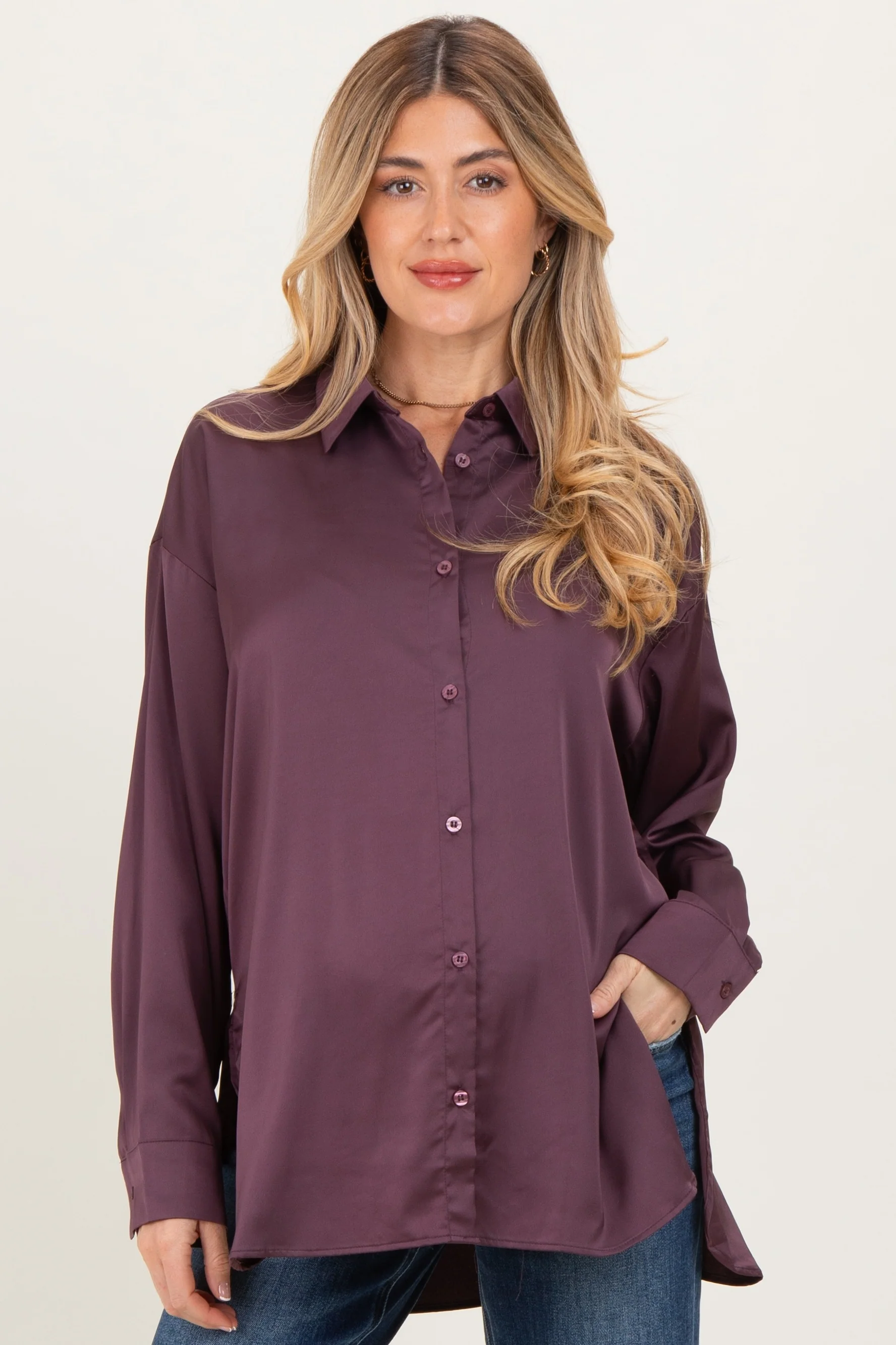 Image of Burgundy Long Sleeve Oversized Satin Maternity Shirt