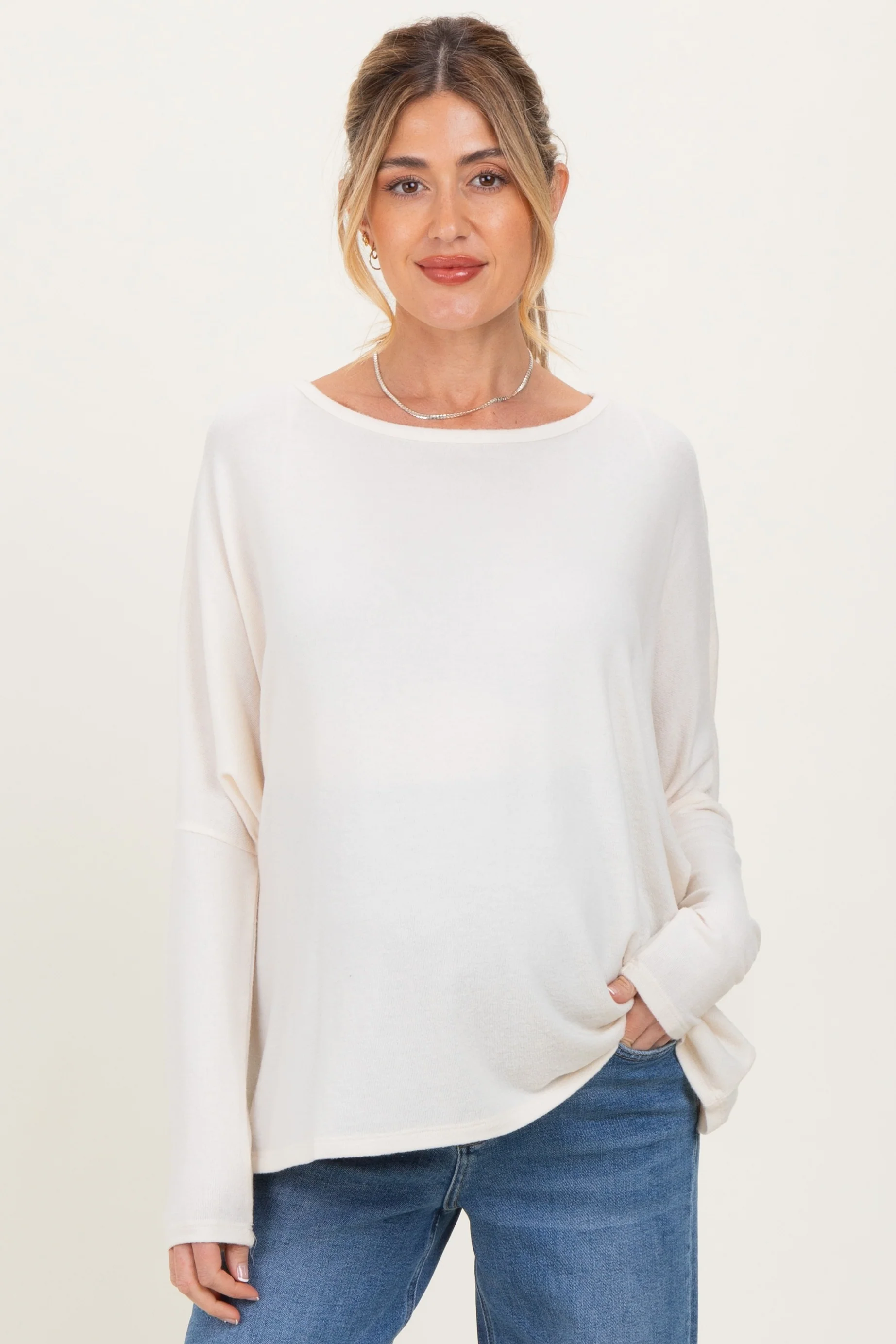 Image of Cream Relaxed Fit Dolman Long Sleeve Maternity Top