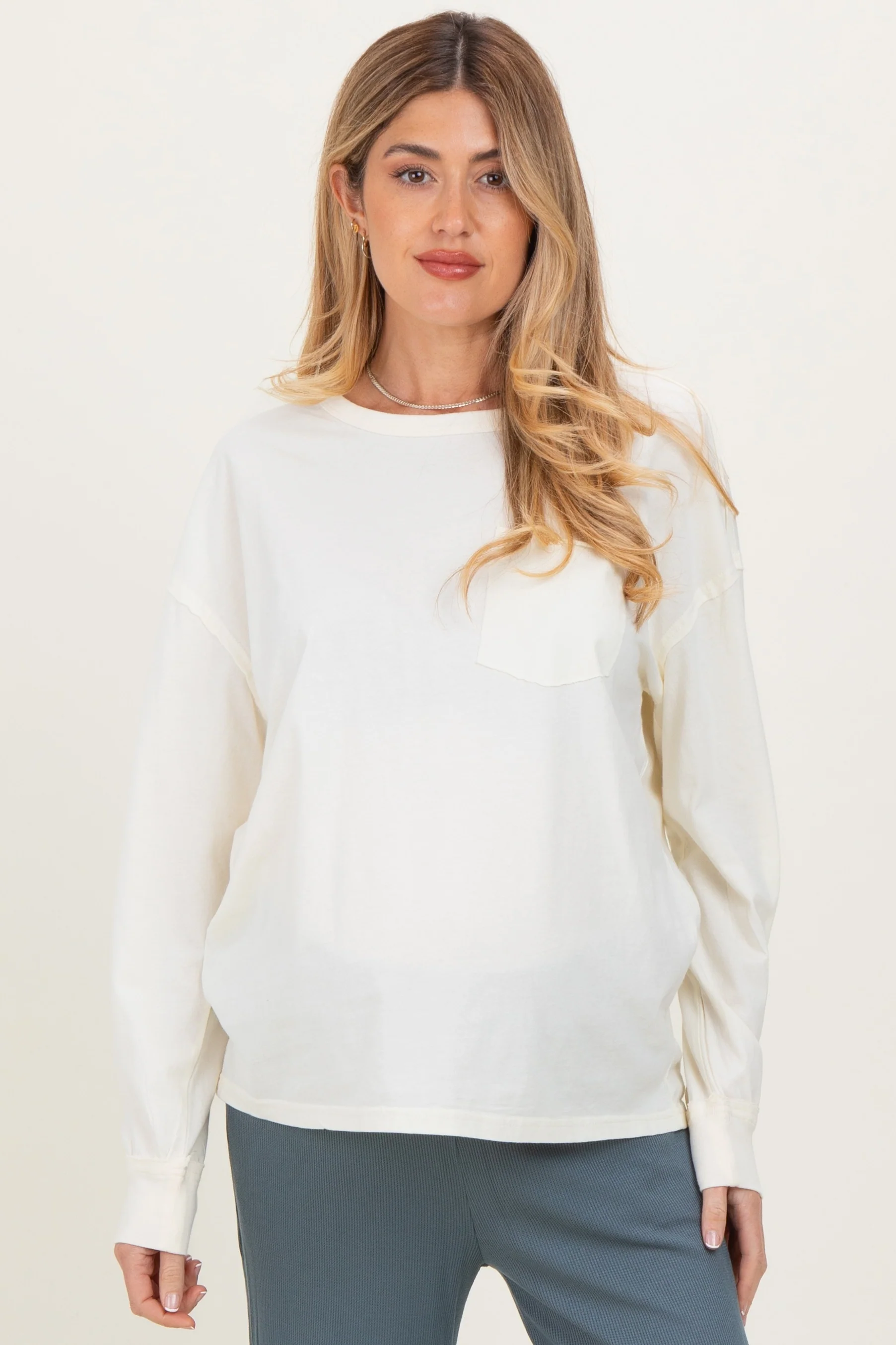 Image of Cream Oversized Washed Long Sleeve Pocket Maternity Top