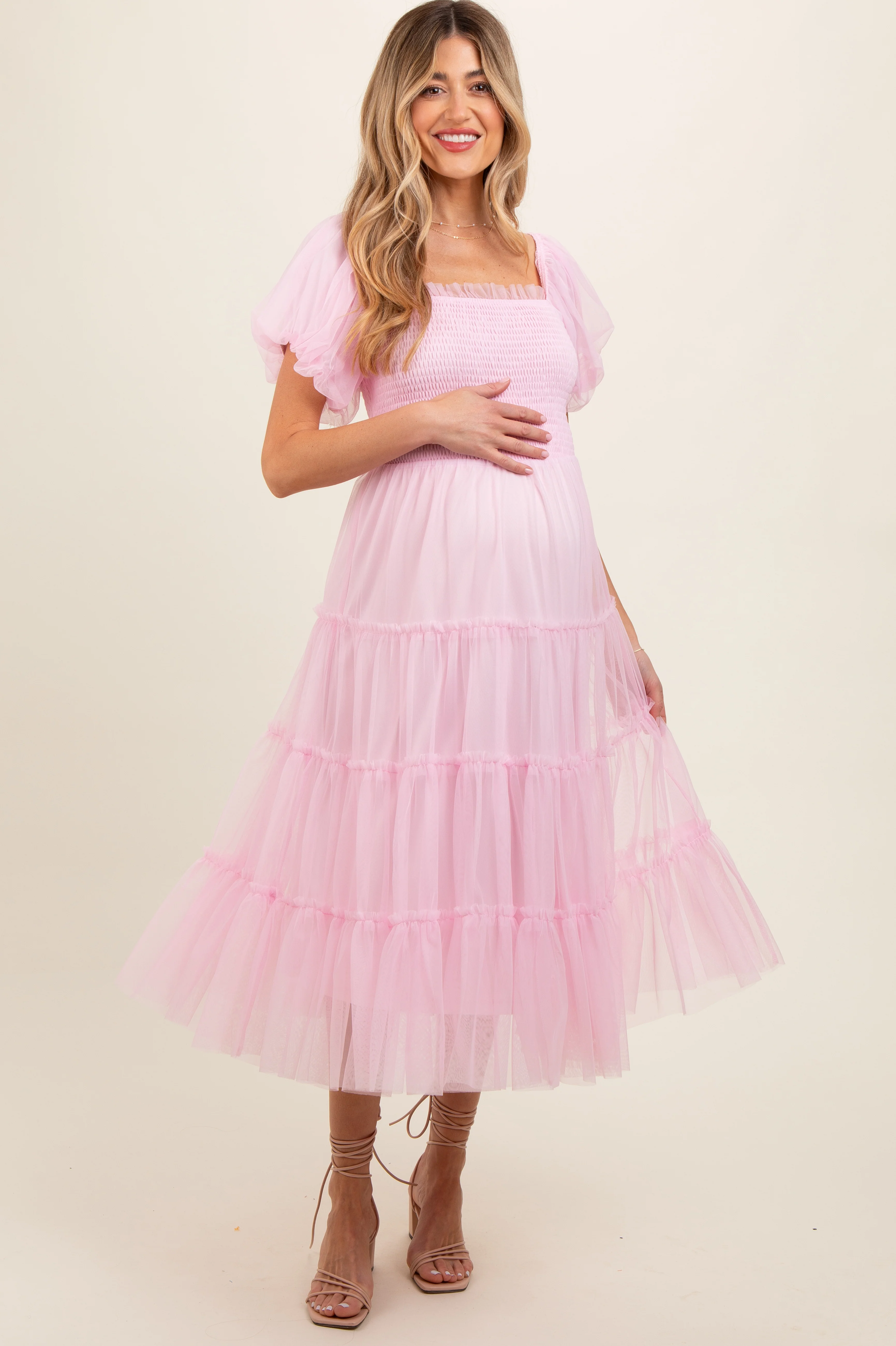 Image of Light Pink Smocked Tiered Tulle Maternity Midi Dress