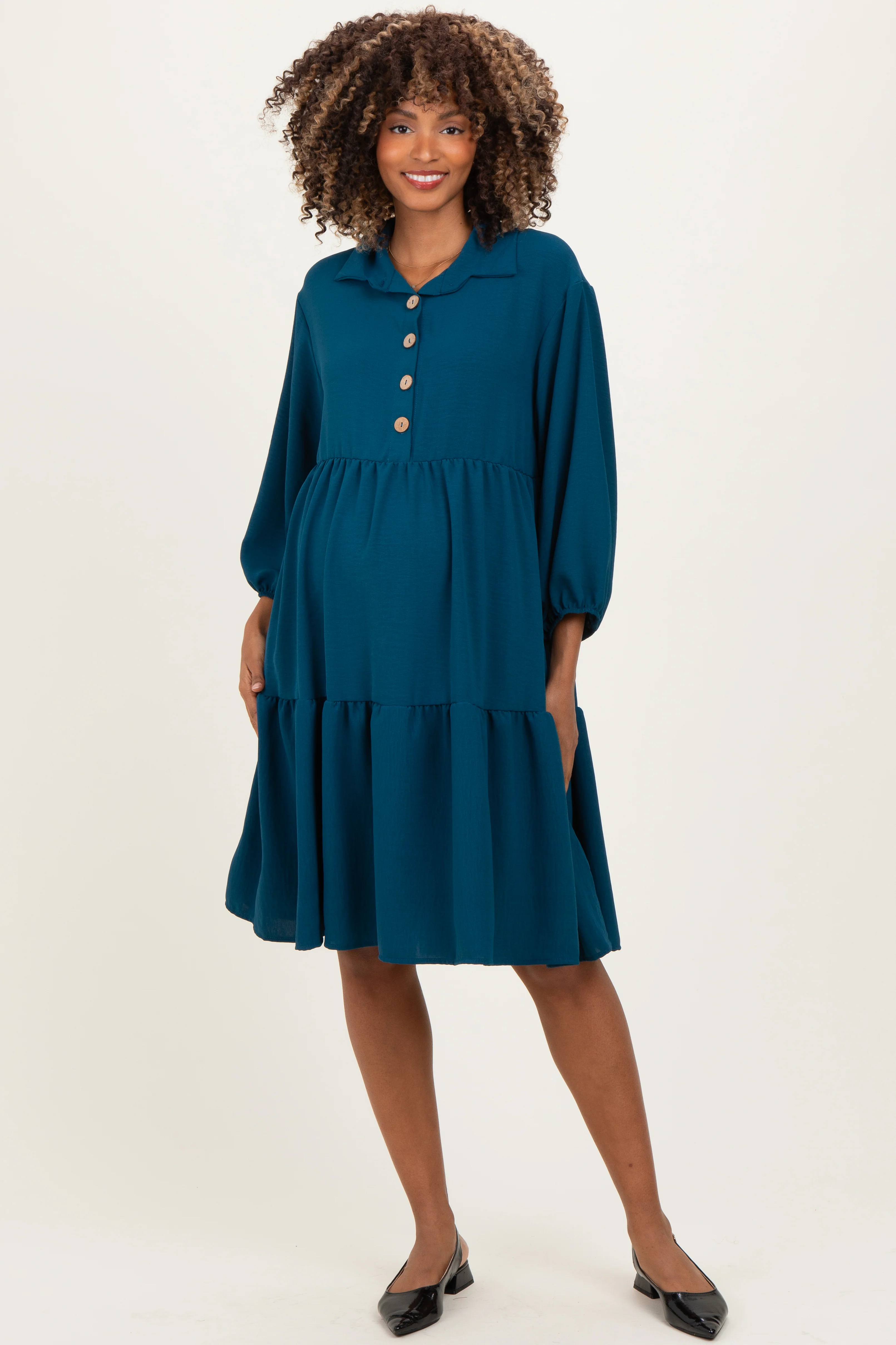 Image of Dark Teal Long Sleeve Button Down Collared Tiered Maternity Dress